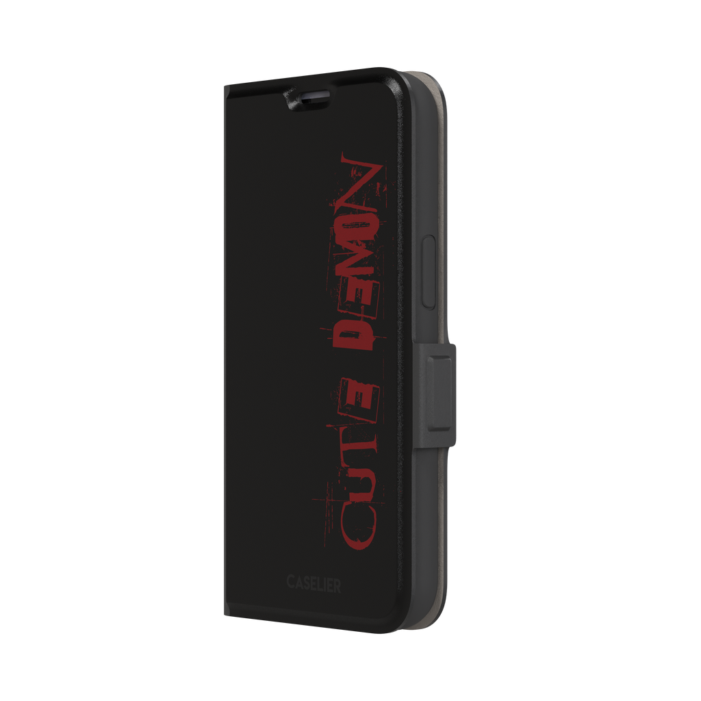 Cute Demon black phone case with vertical distressed deep red Cute Demon typography along the right side, phone case by Caselier — wallet case, right view