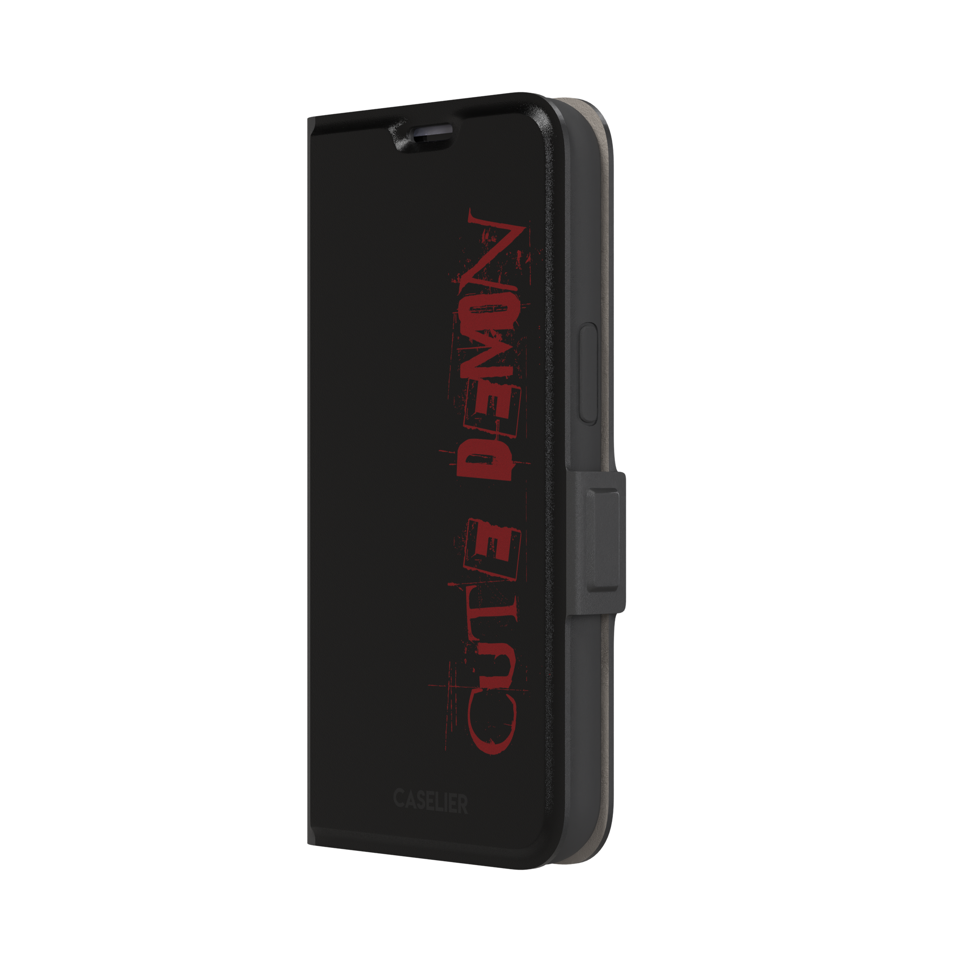 Cute Demon black phone case with vertical distressed deep red Cute Demon typography along the right side, phone case by Caselier — wallet case, right view