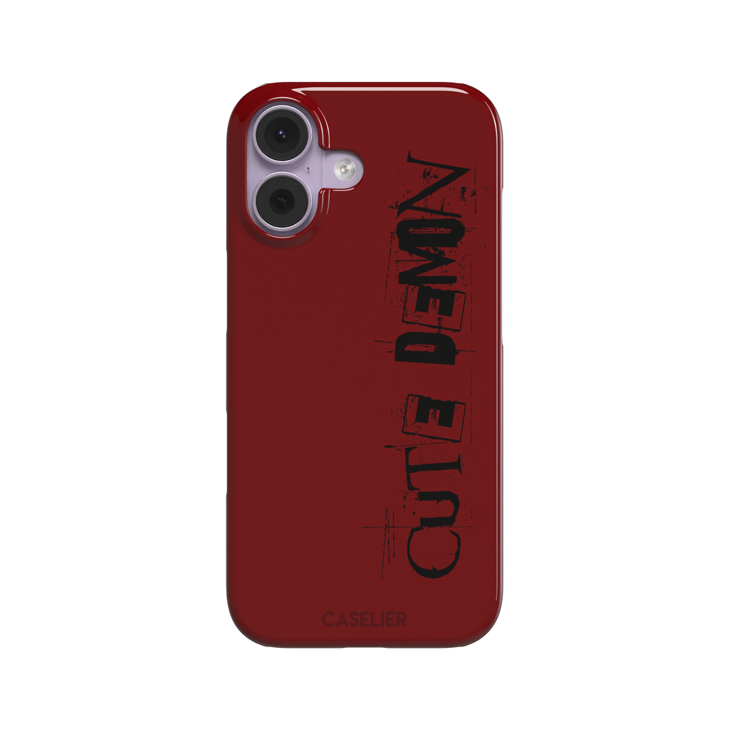 Cute Demon red phone case with vertical distressed black Cute Demon typography along the right side, phone case by Caselier — snap case, front view
