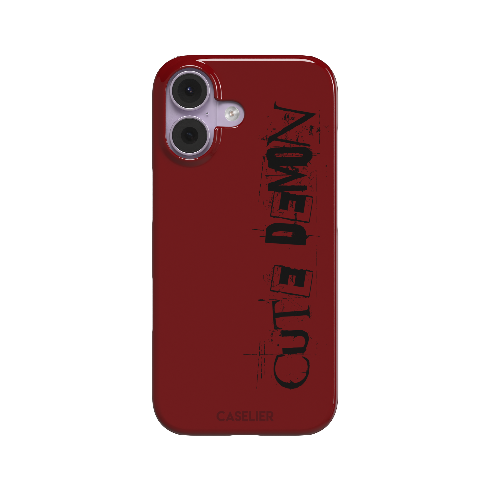 Cute Demon red phone case with vertical distressed black Cute Demon typography along the right side, phone case by Caselier — snap case, front view