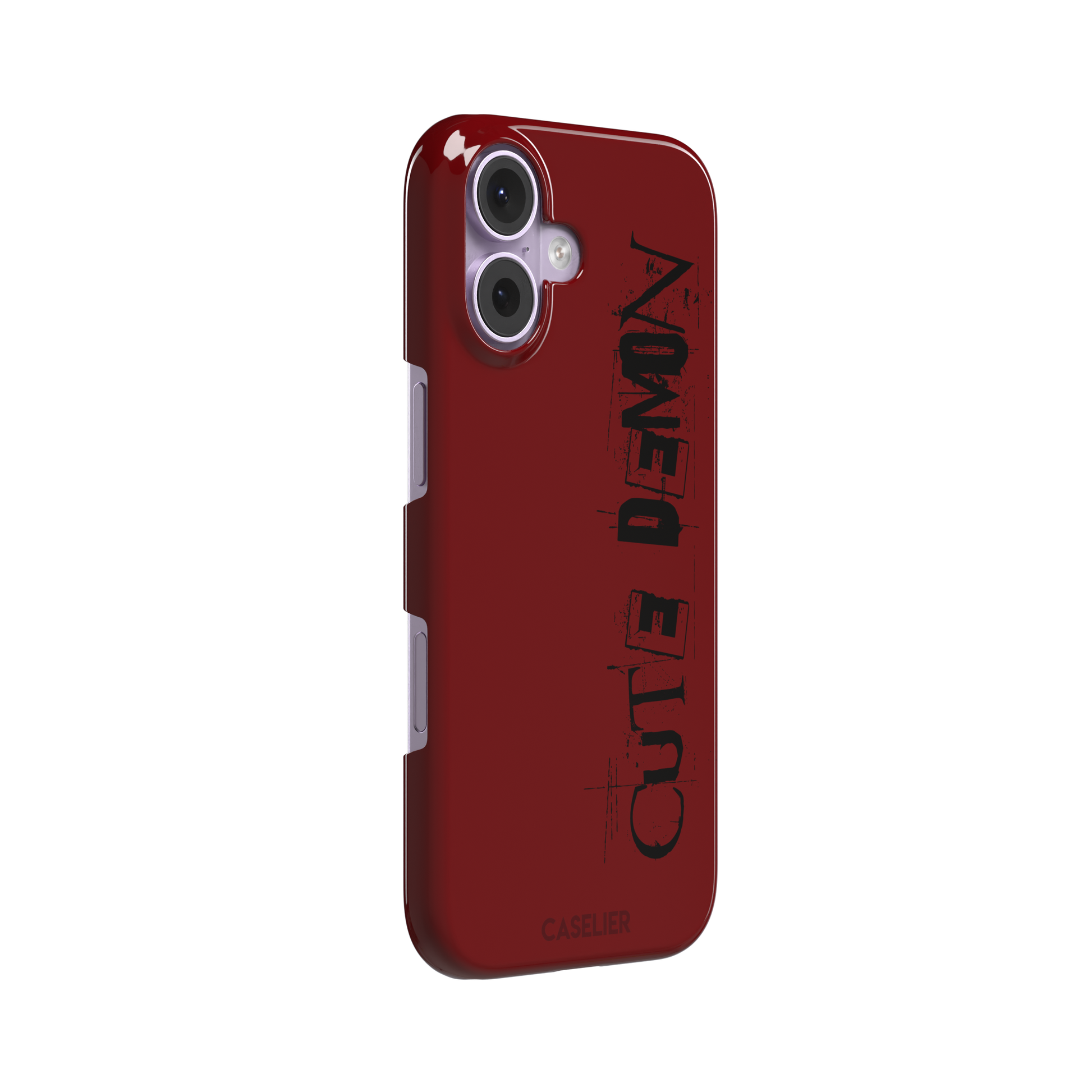Cute Demon red phone case with vertical distressed black Cute Demon typography along the right side, phone case by Caselier — snap case, left view