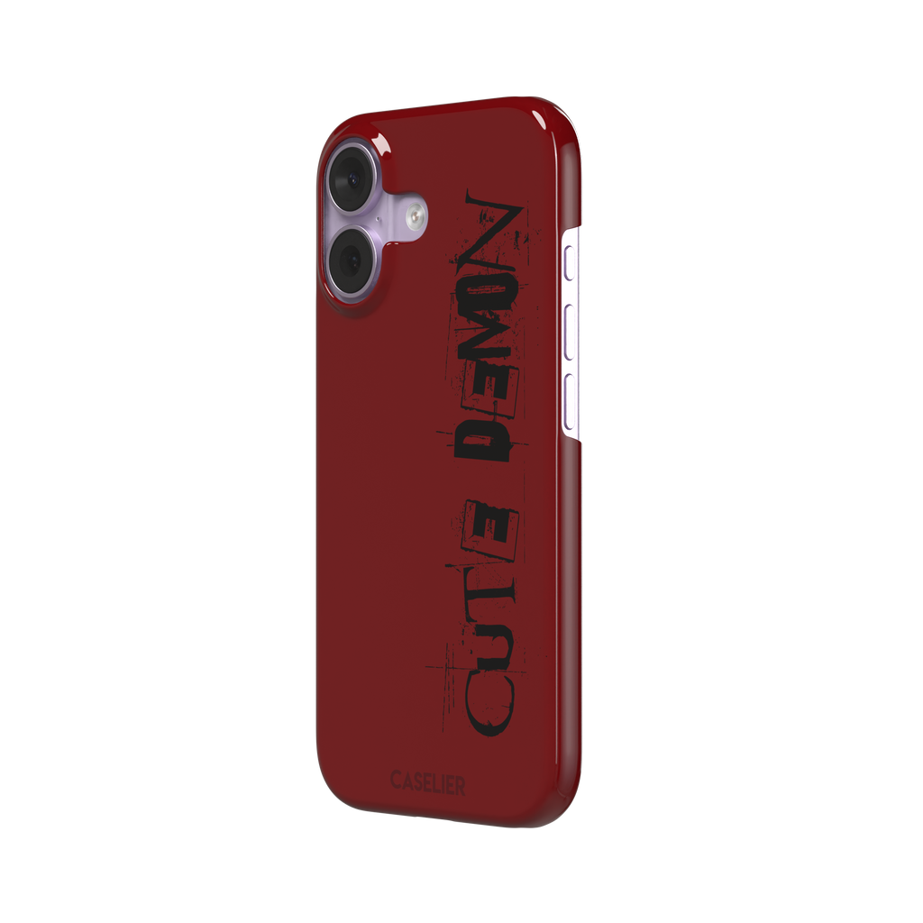 Cute Demon red phone case with vertical distressed black Cute Demon typography along the right side, phone case by Caselier — snap case, right view
