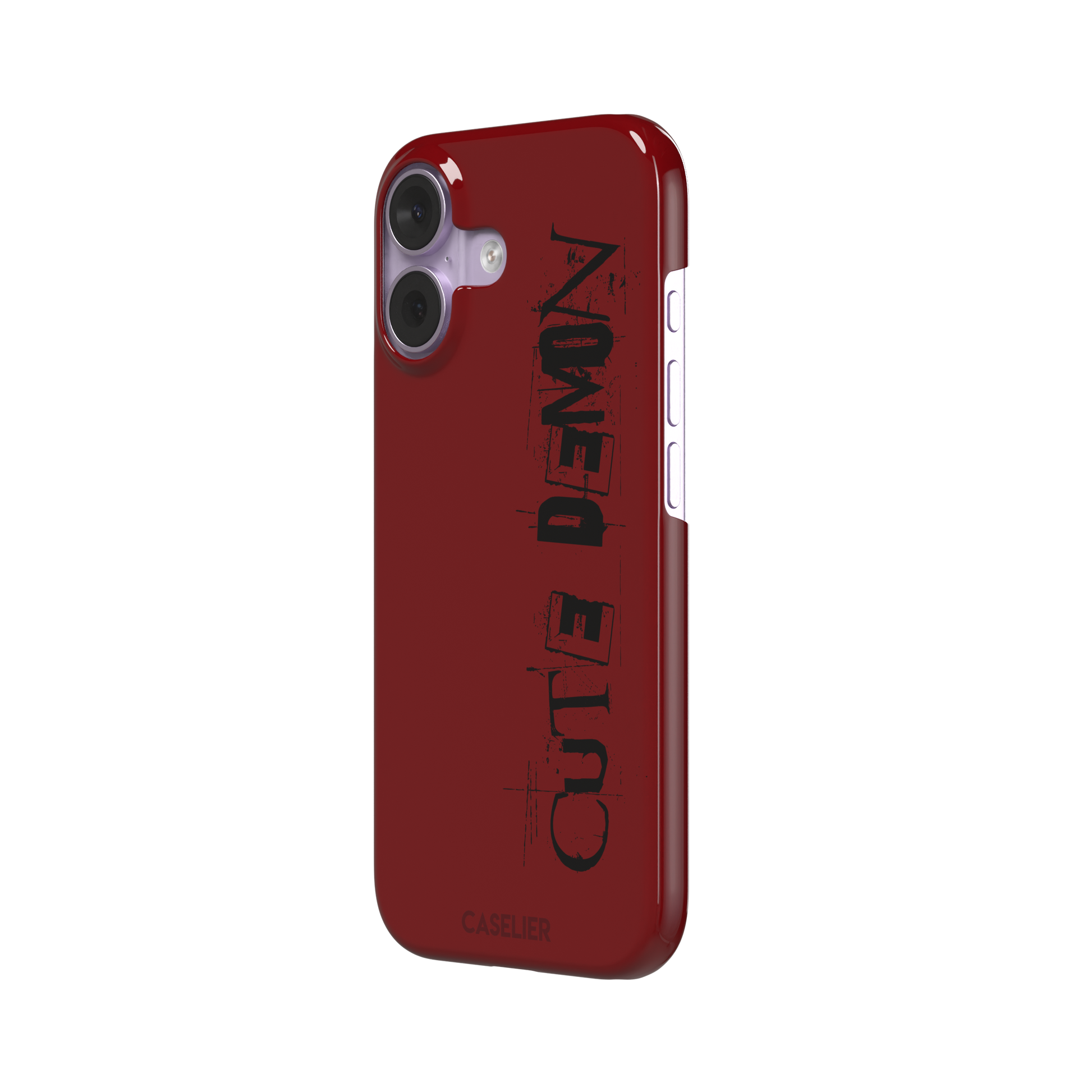 Cute Demon red phone case with vertical distressed black Cute Demon typography along the right side, phone case by Caselier — snap case, right view