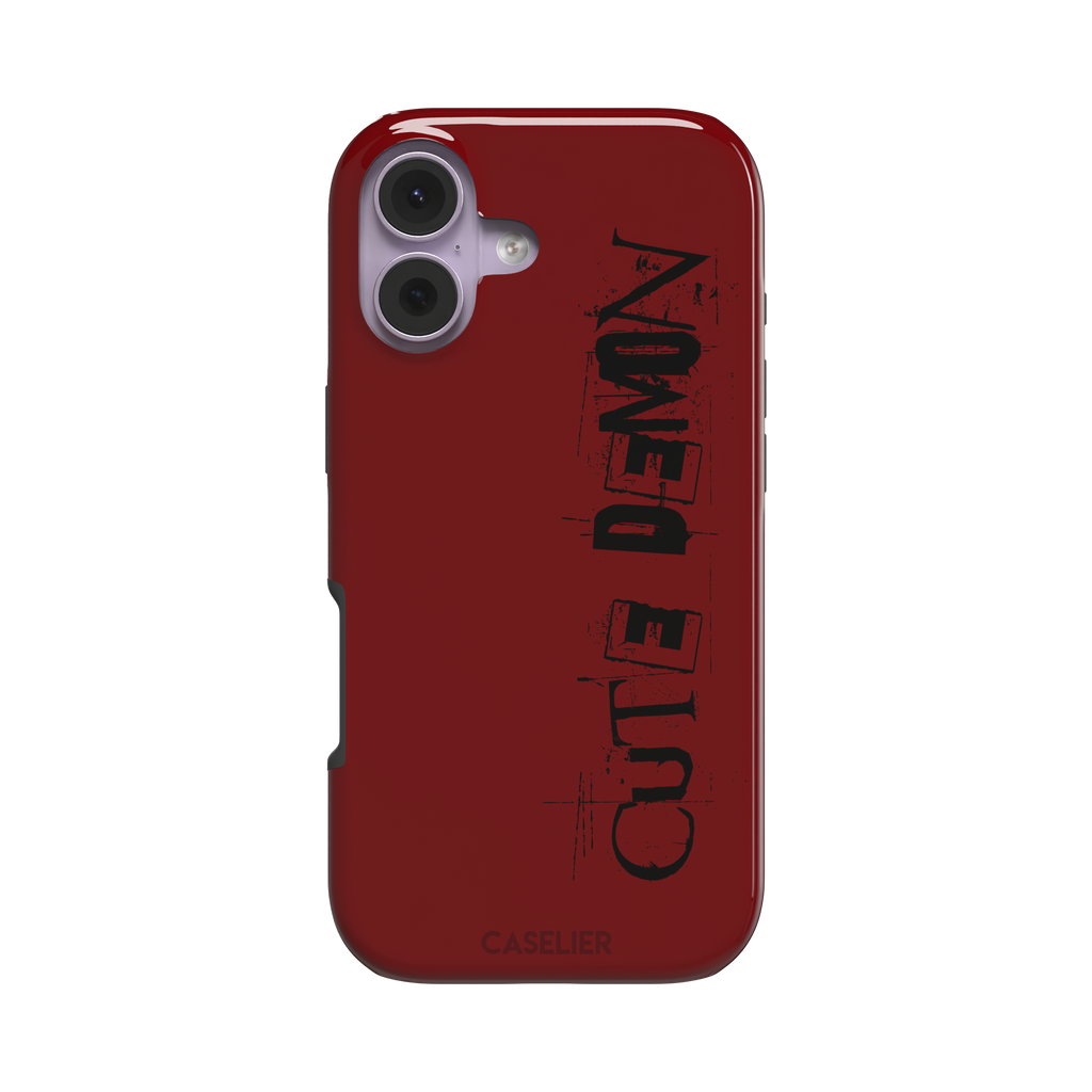 Cute Demon red phone case with vertical distressed black Cute Demon typography along the right side, phone case by Caselier — tough case, front view