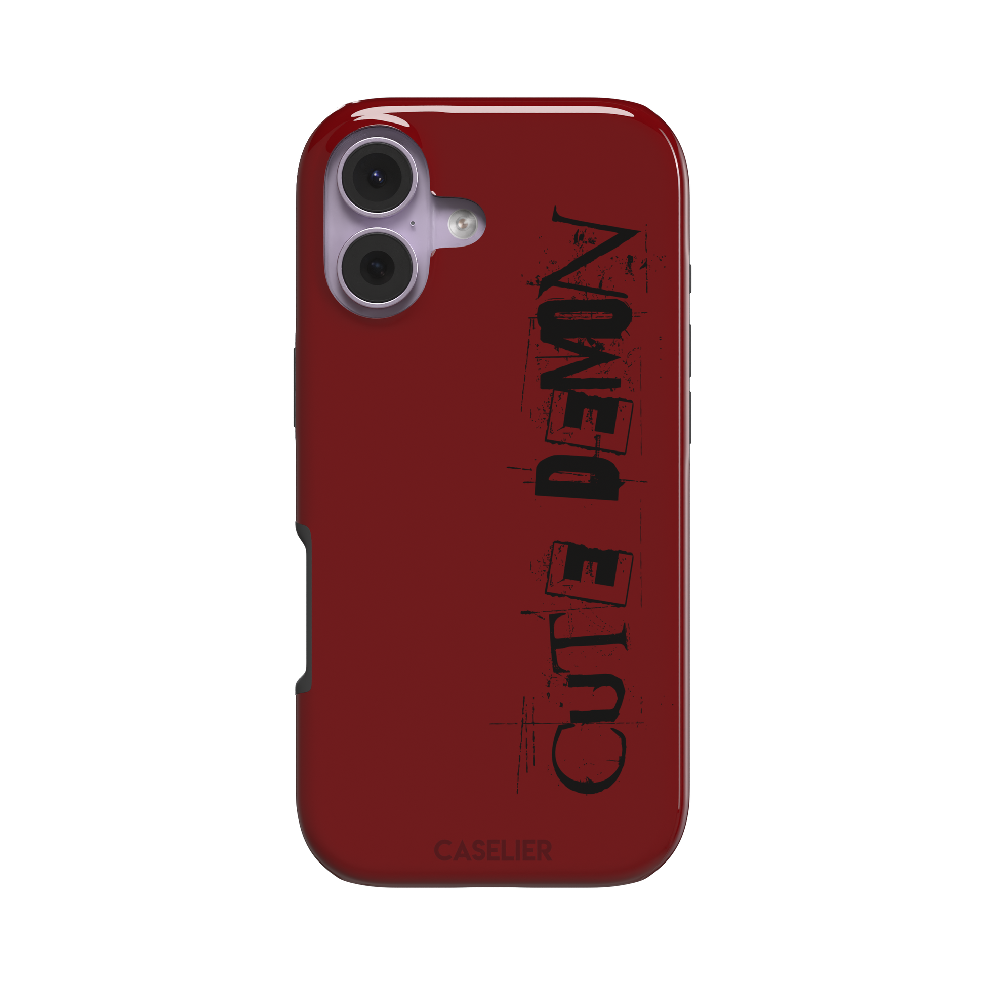 Cute Demon red phone case with vertical distressed black Cute Demon typography along the right side, phone case by Caselier — tough case, front view