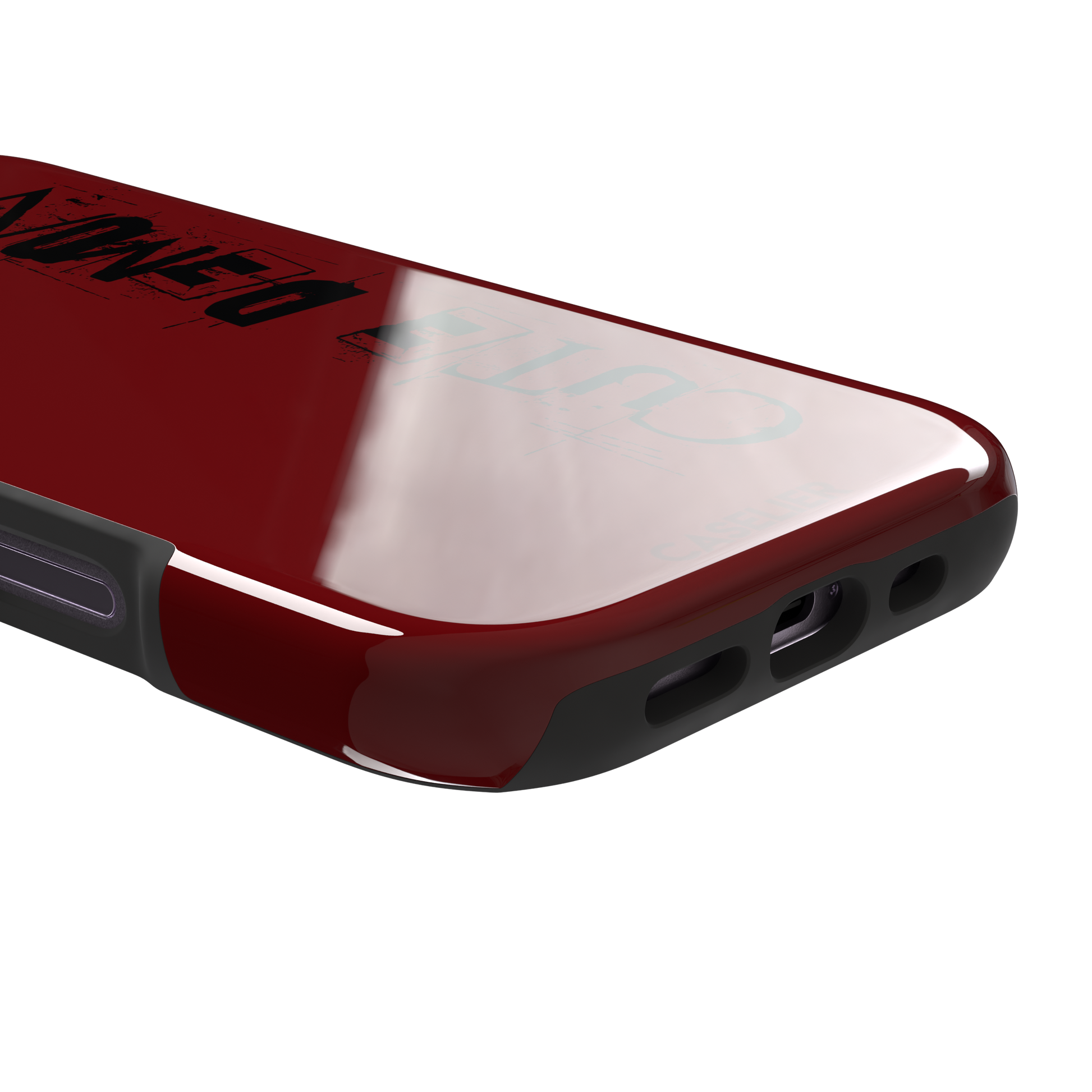 Cute Demon red phone case with vertical distressed black Cute Demon typography along the right side, phone case by Caselier — tough case, charging port detail