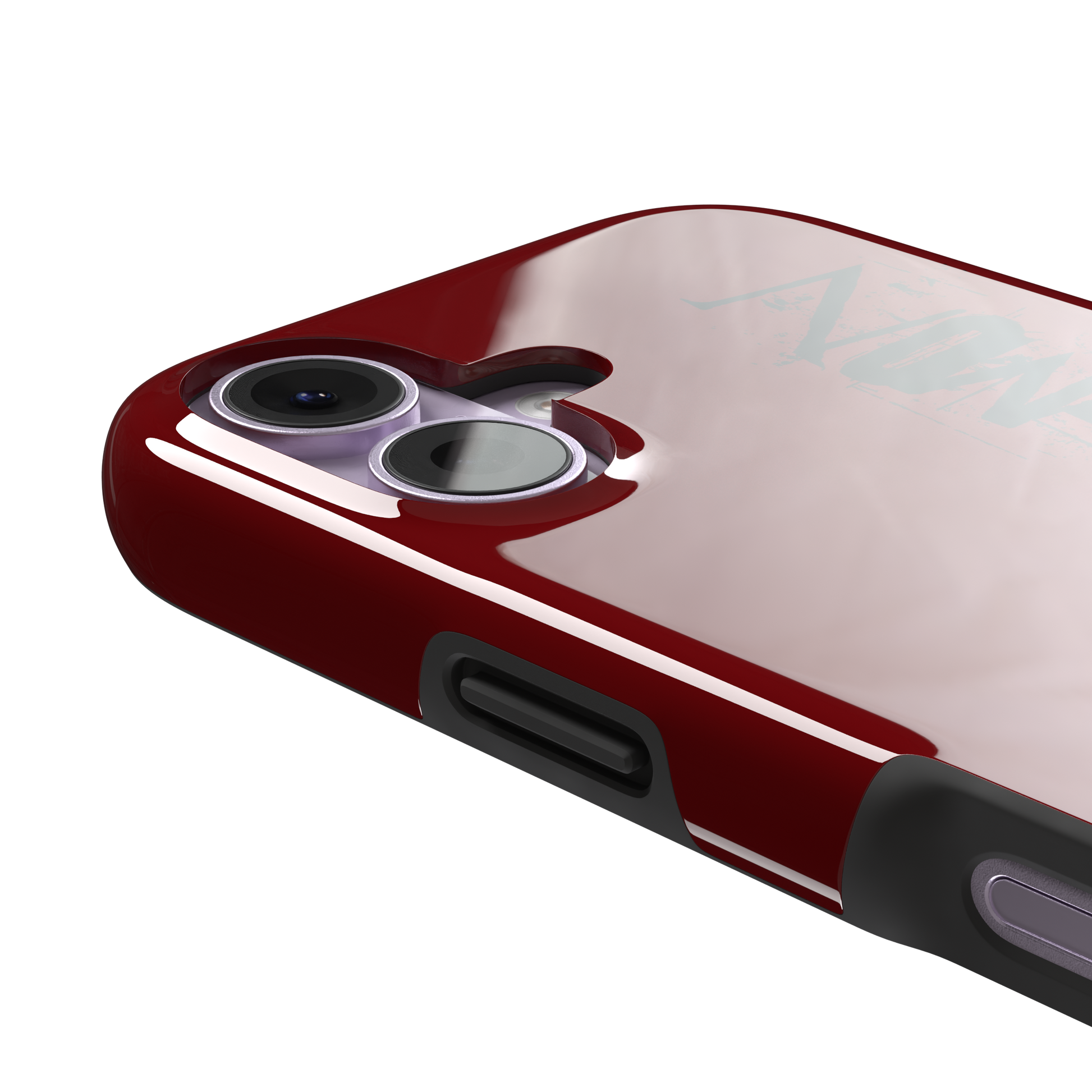 Cute Demon red phone case with vertical distressed black Cute Demon typography along the right side, phone case by Caselier — tough case, volume buttons detail