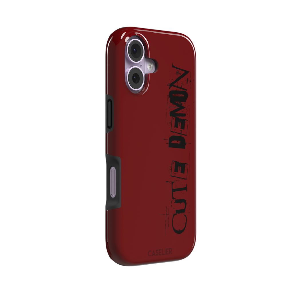 Cute Demon red phone case with vertical distressed black Cute Demon typography along the right side, phone case by Caselier — tough case, left view
