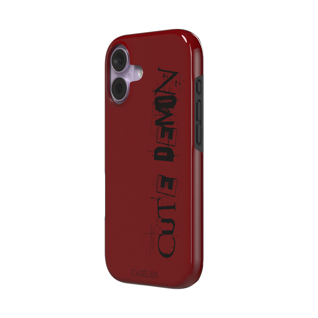 Cute Demon red phone case with vertical distressed black Cute Demon typography along the right side, phone case by Caselier — tough case, right view