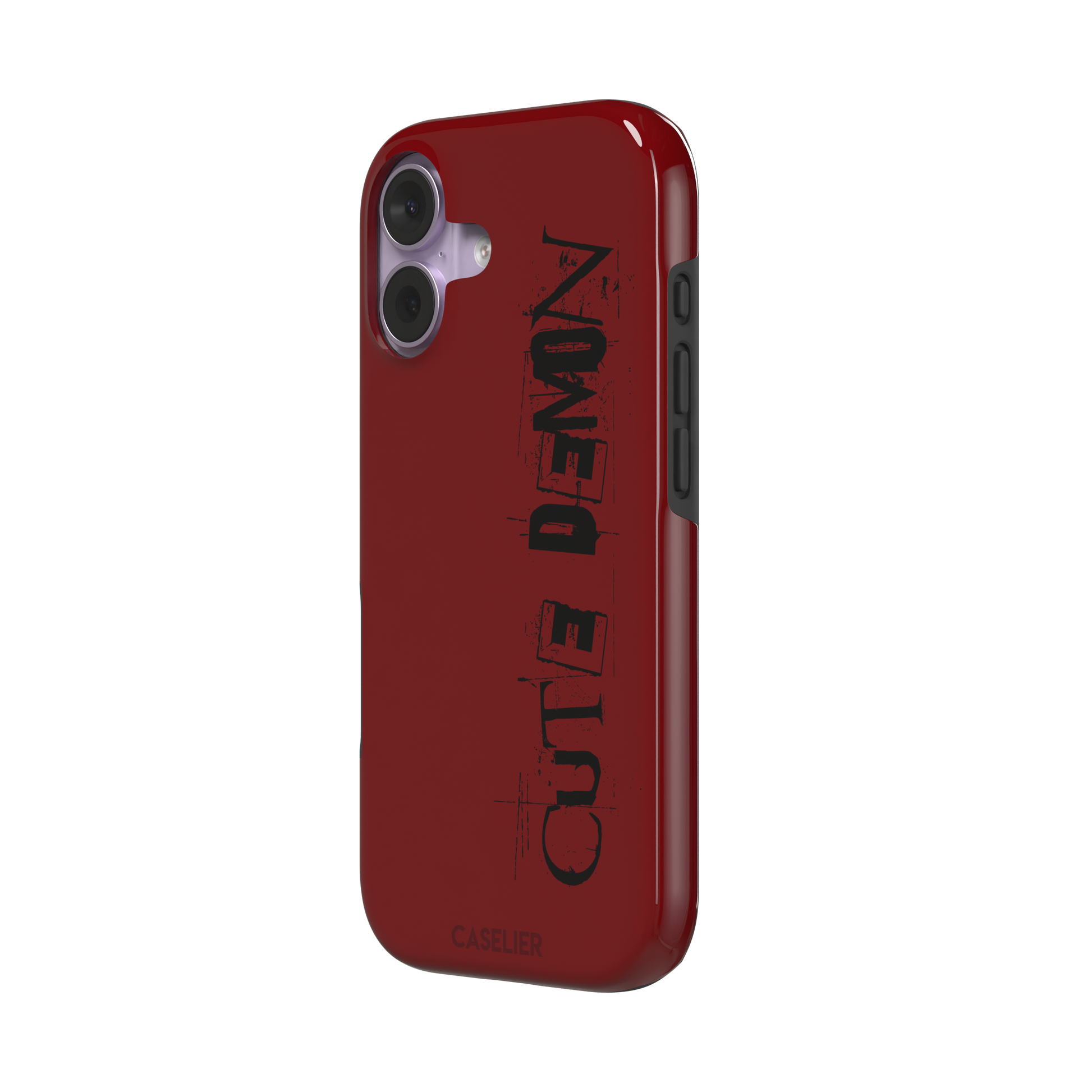 Cute Demon red phone case with vertical distressed black Cute Demon typography along the right side, phone case by Caselier — tough case, right view