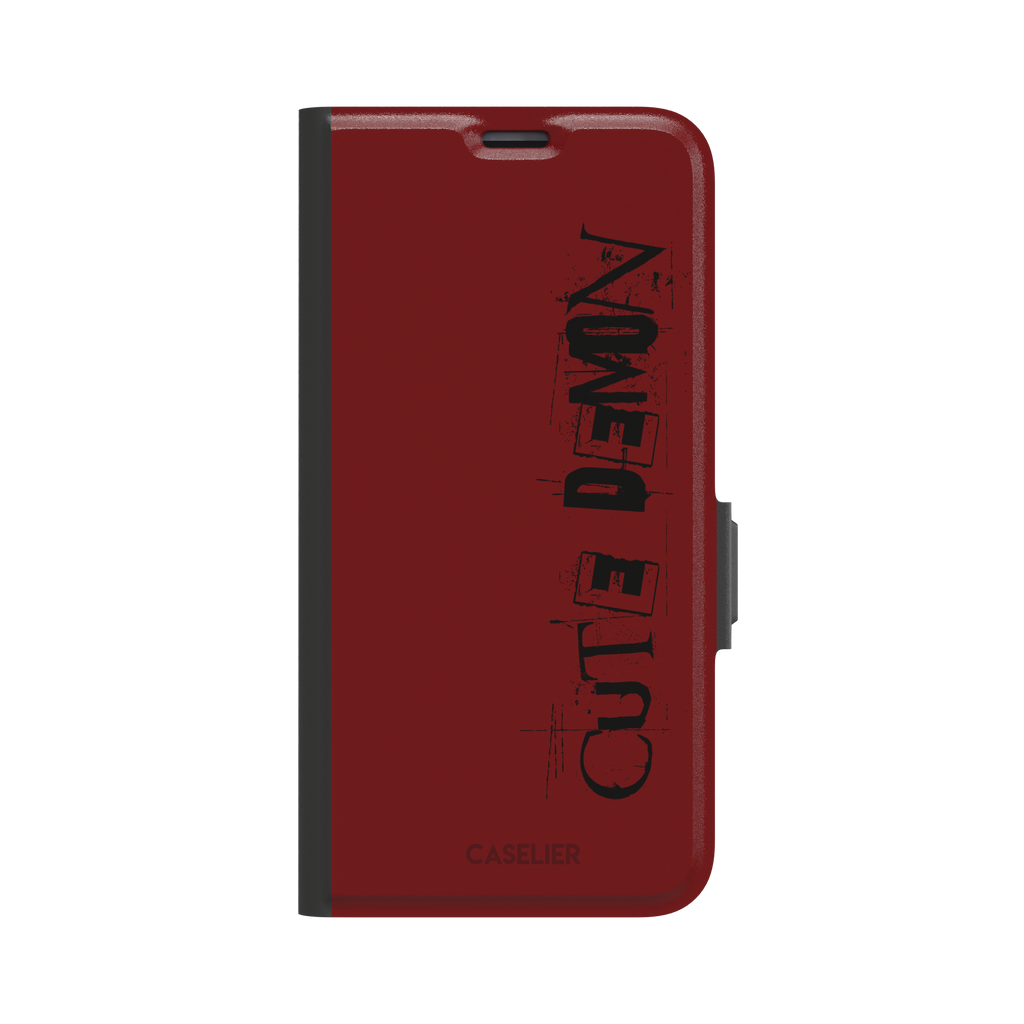 Cute Demon red phone case with vertical distressed black Cute Demon typography along the right side, phone case by Caselier — wallet case, front view