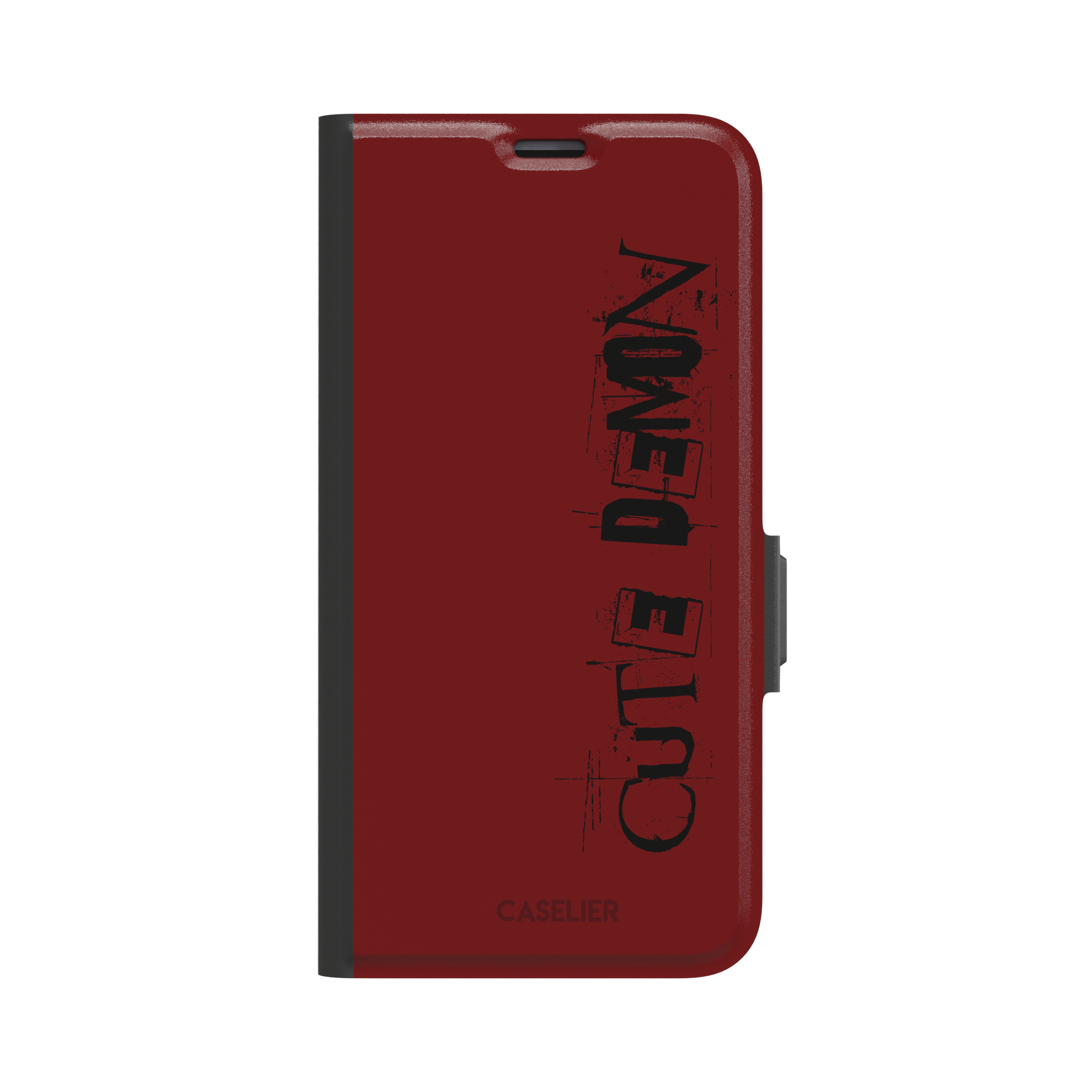 Cute Demon red phone case with vertical distressed black Cute Demon typography along the right side, phone case by Caselier — wallet case, front view