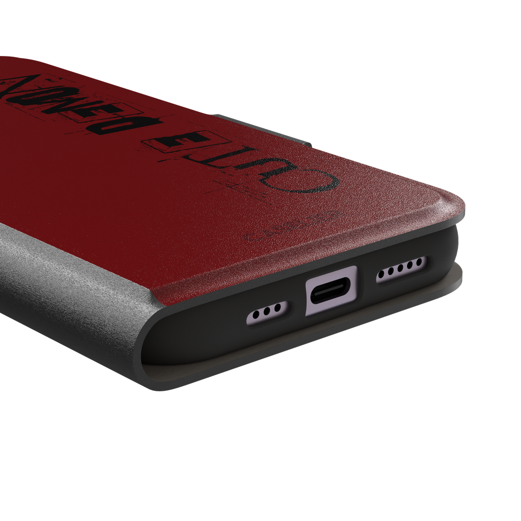 Cute Demon red phone case with vertical distressed black Cute Demon typography along the right side, phone case by Caselier — wallet case, charging port detail