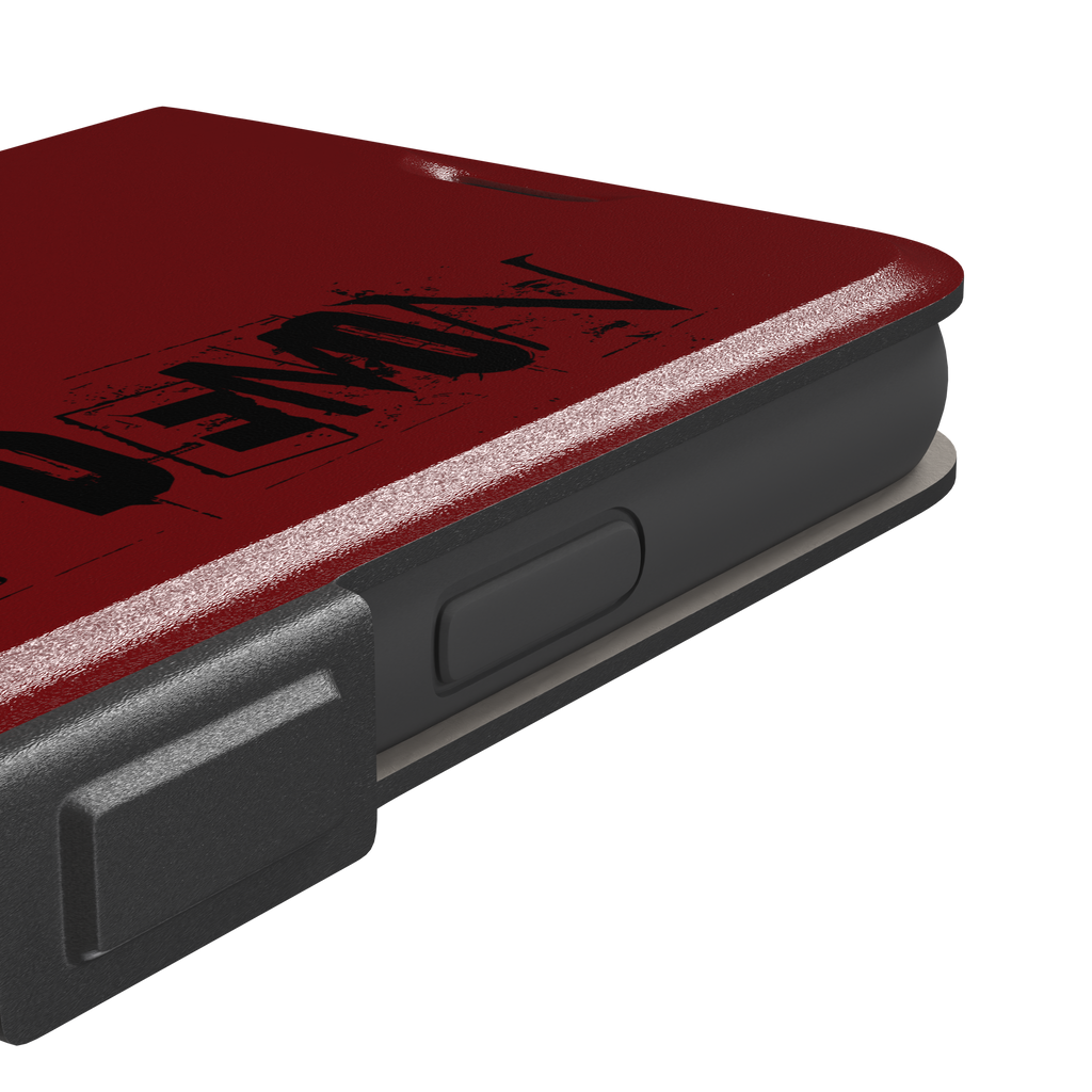 Cute Demon red phone case with vertical distressed black Cute Demon typography along the right side, phone case by Caselier — wallet case, volume buttons detail
