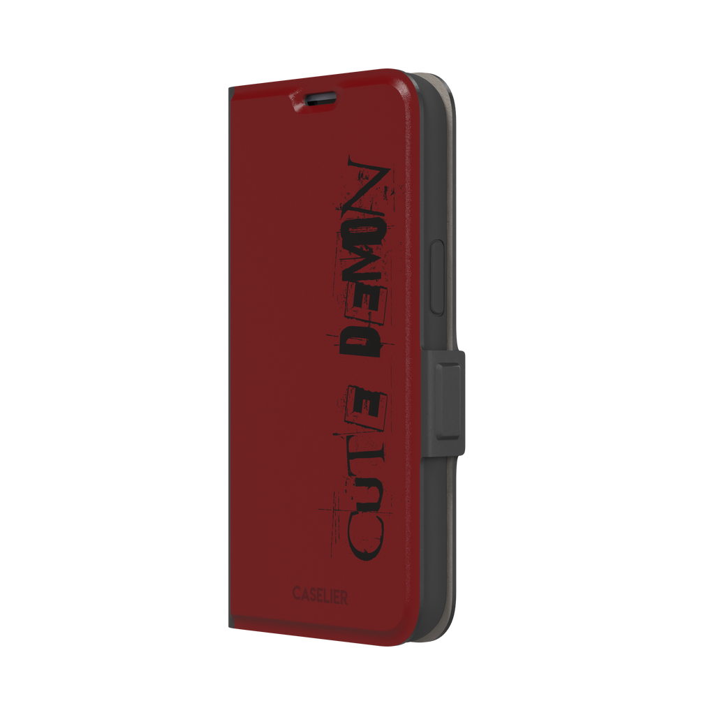 Cute Demon red phone case with vertical distressed black Cute Demon typography along the right side, phone case by Caselier — wallet case, right view