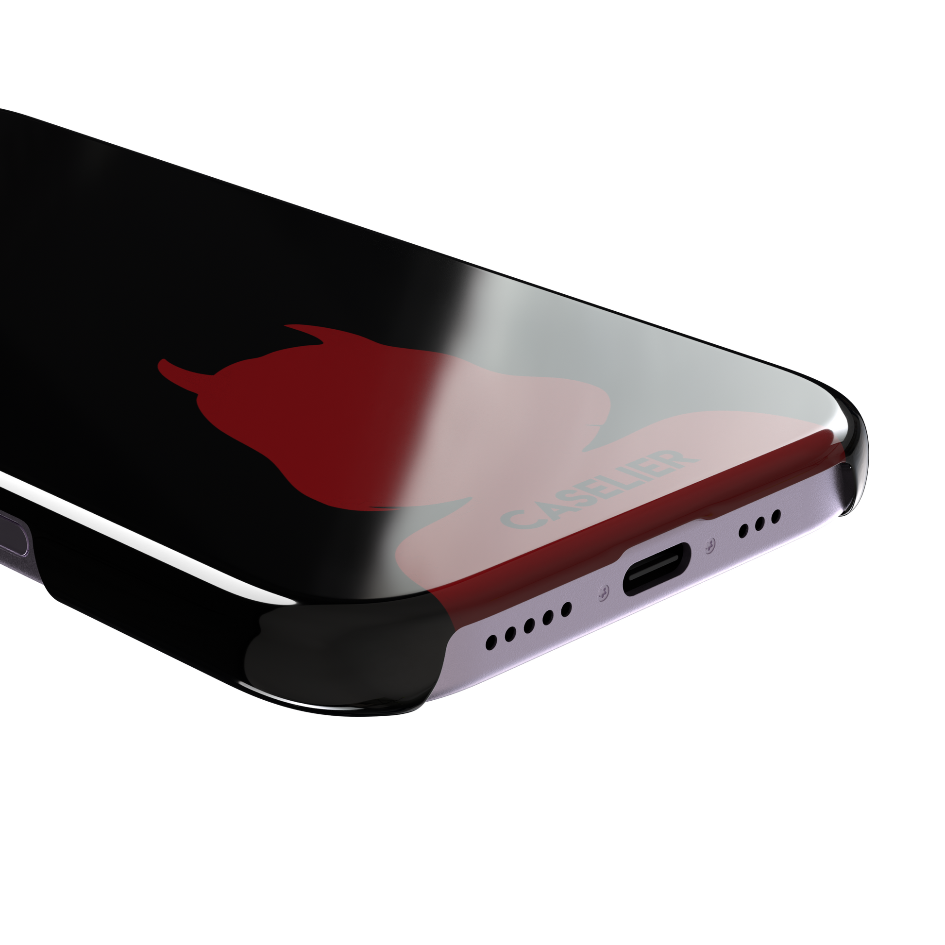 Cute Demon black phone case showing only the red horned devil silhouette at the bottom without text, phone case by Caselier — snap case, charging port detail