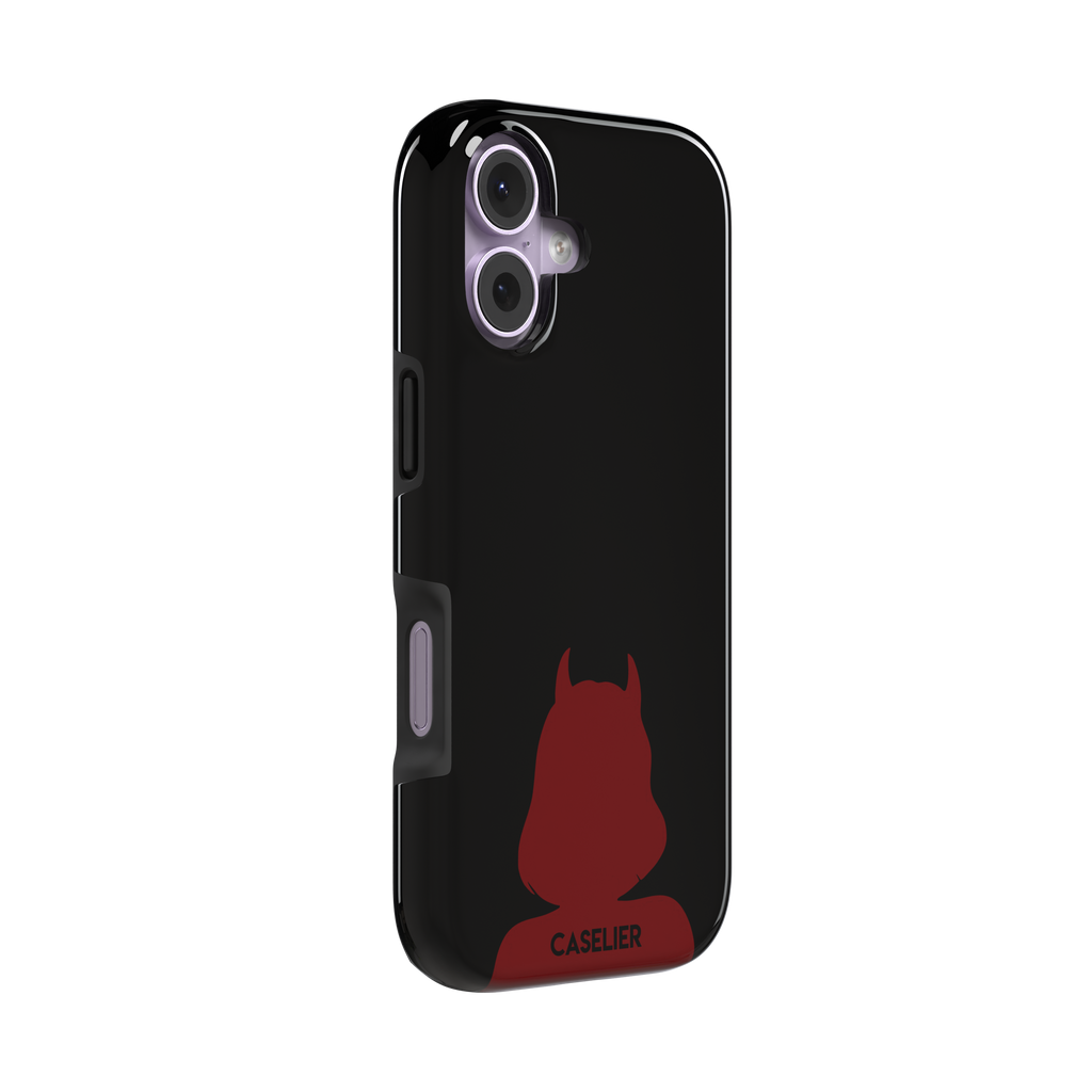 Cute Demon black phone case showing only the red horned devil silhouette at the bottom without text, phone case by Caselier — tough case, left view