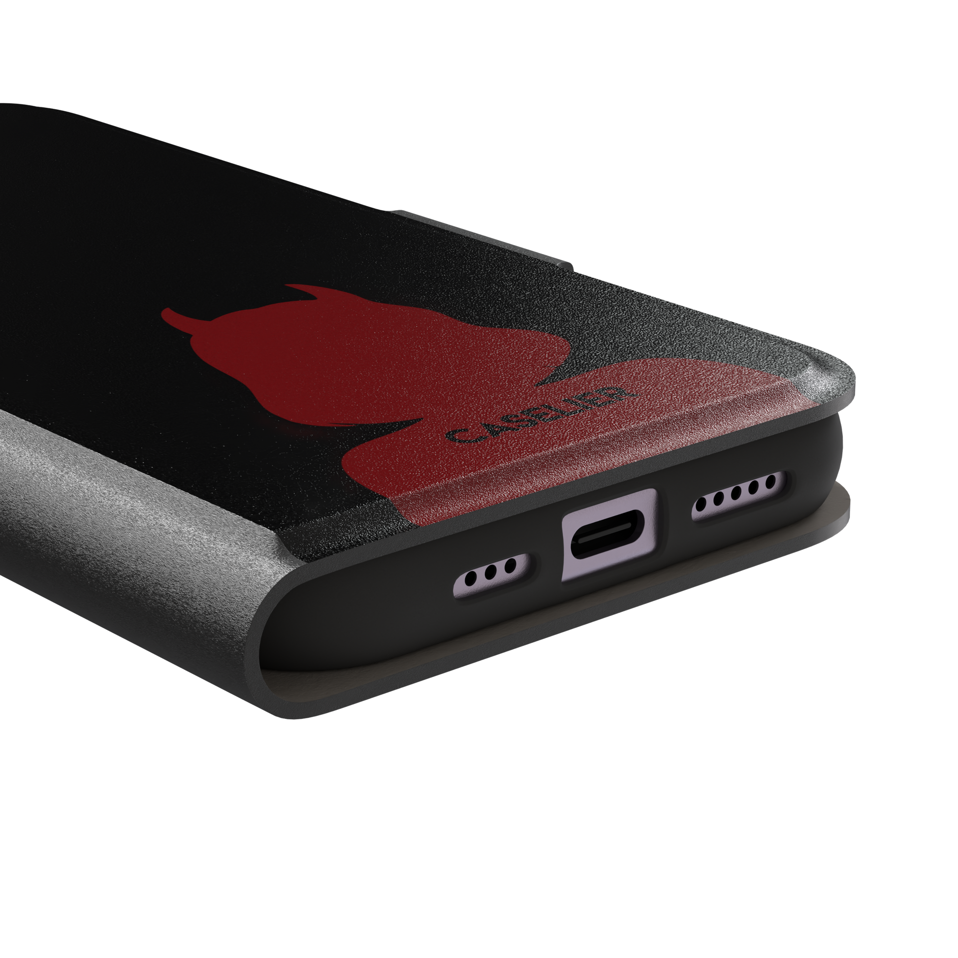 Cute Demon black phone case showing only the red horned devil silhouette at the bottom without text, phone case by Caselier — wallet case, charging port detail
