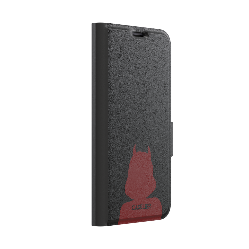 Cute Demon black phone case showing only the red horned devil silhouette at the bottom without text, phone case by Caselier — wallet case, left view