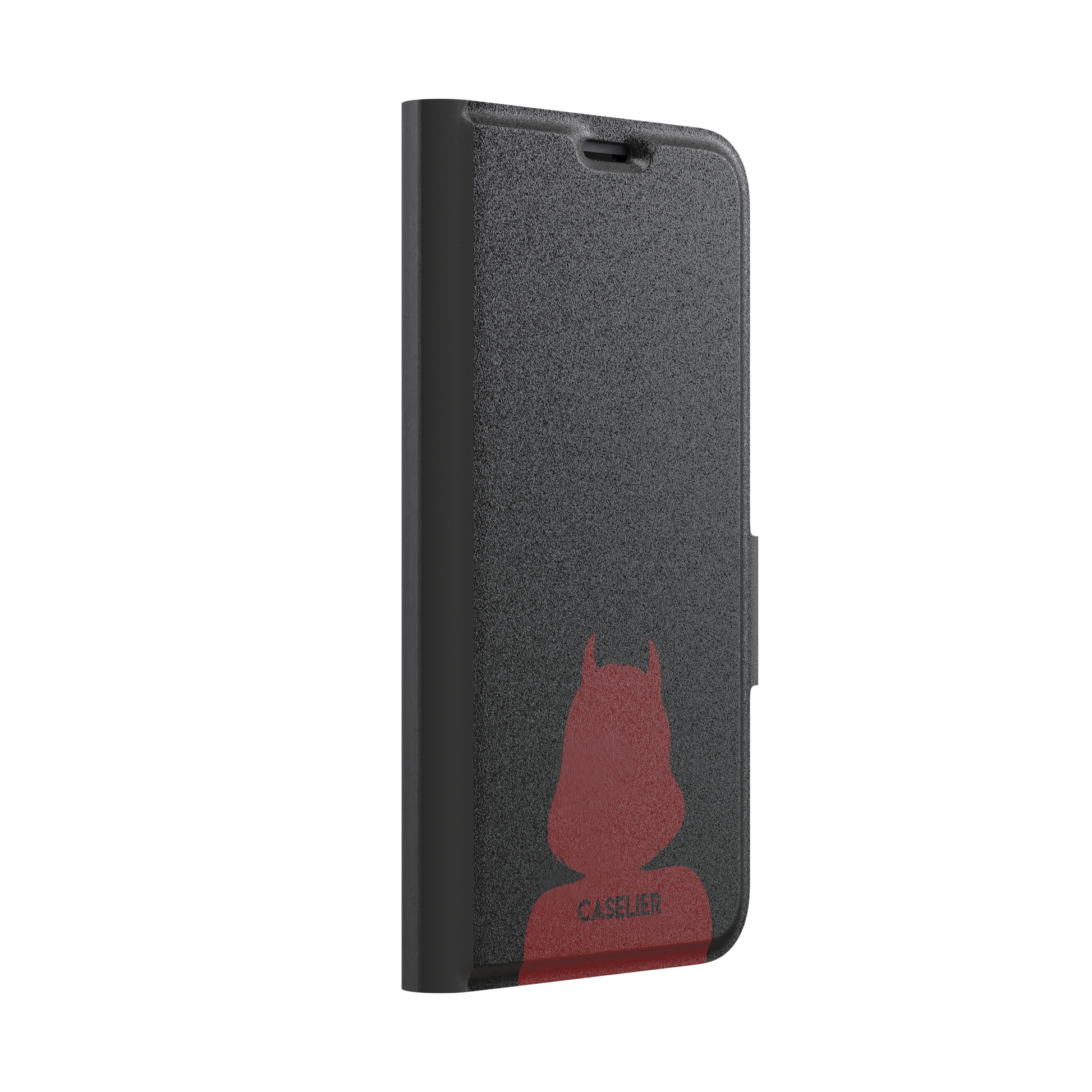 Cute Demon black phone case showing only the red horned devil silhouette at the bottom without text, phone case by Caselier — wallet case, left view