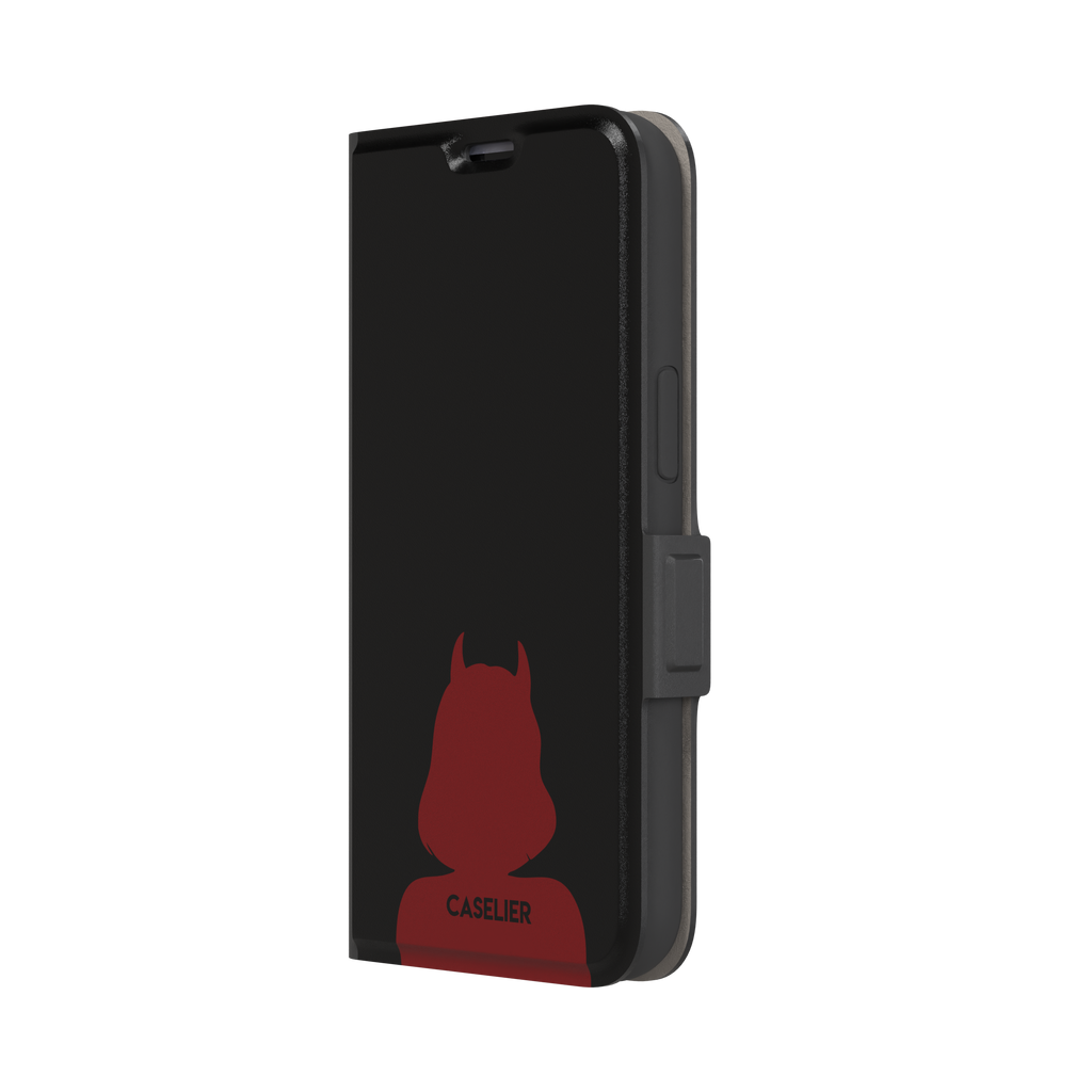 Cute Demon black phone case showing only the red horned devil silhouette at the bottom without text, phone case by Caselier — wallet case, right view
