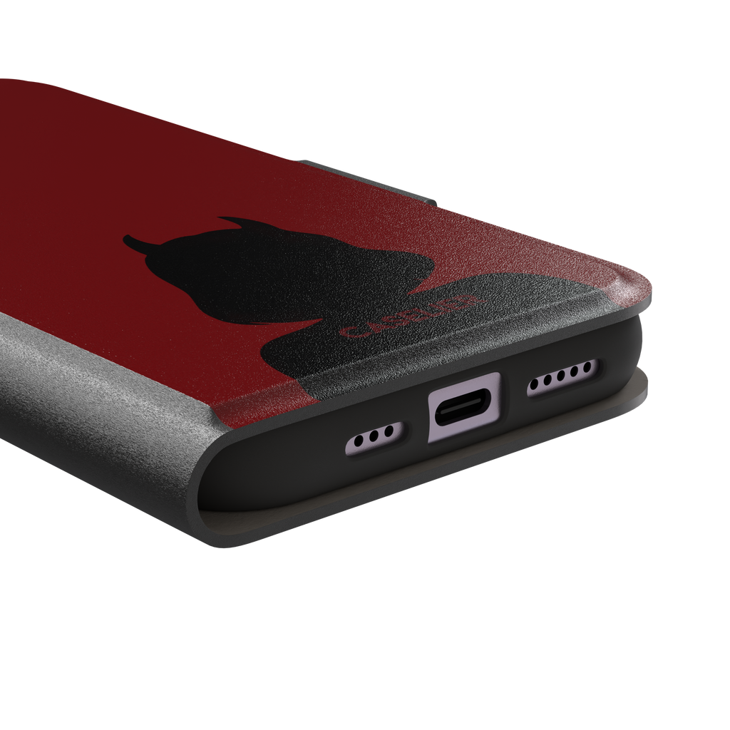 Cute Demon red phone case showing only the black horned devil silhouette at the bottom without text, phone case by Caselier — wallet case, charging port detail