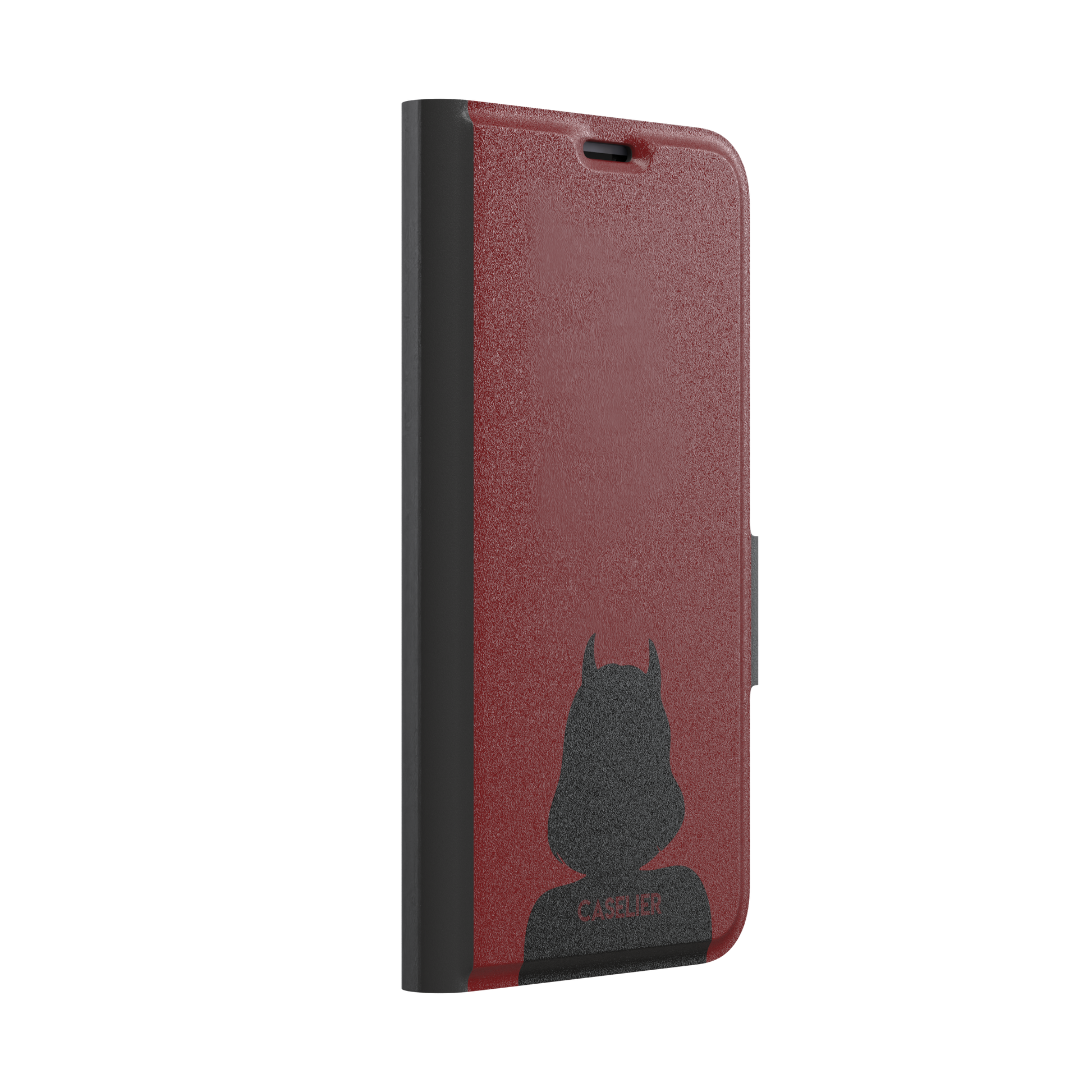 Cute Demon red phone case showing only the black horned devil silhouette at the bottom without text, phone case by Caselier — wallet case, left view