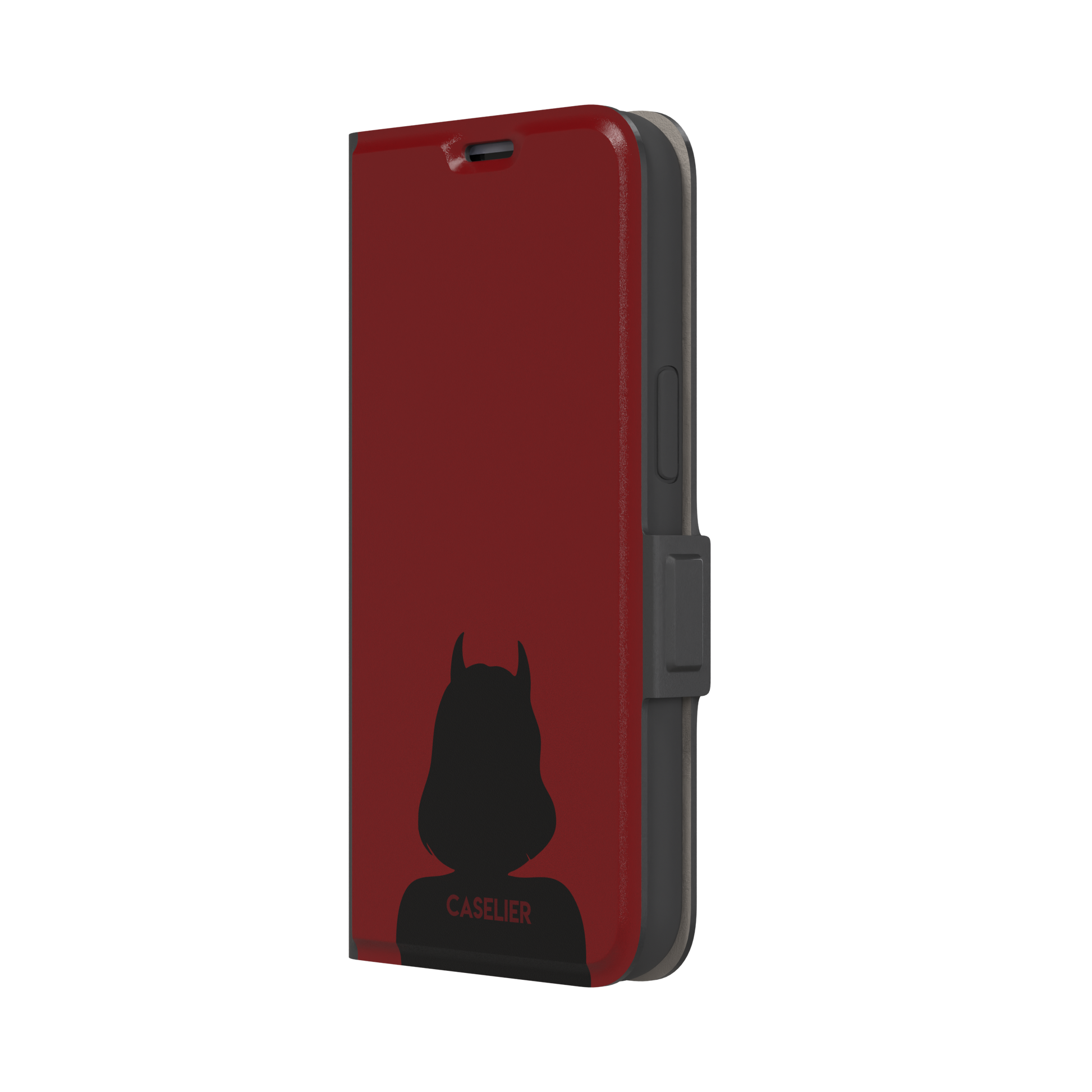 Cute Demon red phone case showing only the black horned devil silhouette at the bottom without text, phone case by Caselier — wallet case, right view