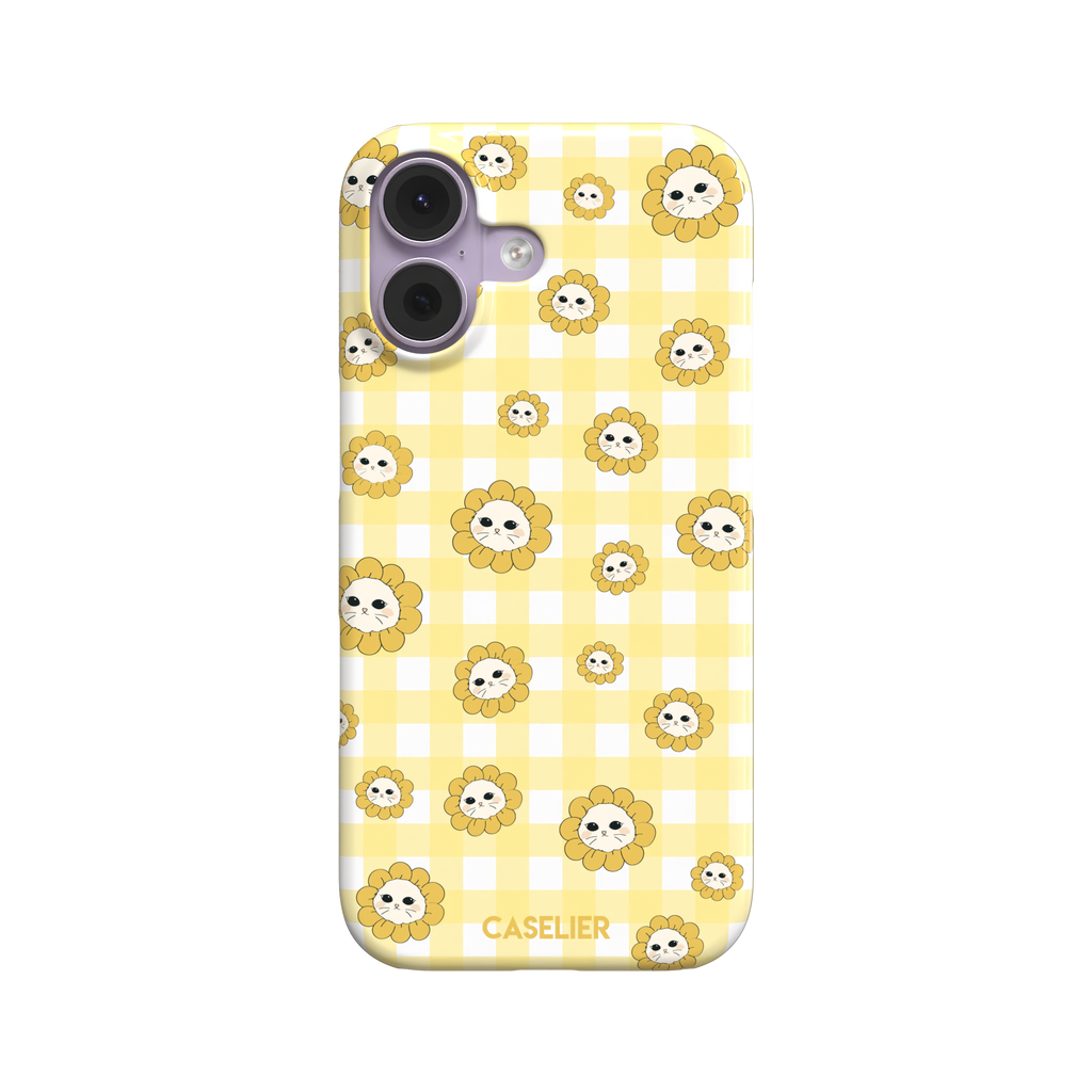 Daisies collection variant featuring cute cat-face flowers with golden petals scattered across a yellow and white gingham pattern, phone case by Caselier — snap case, front view | Caselier