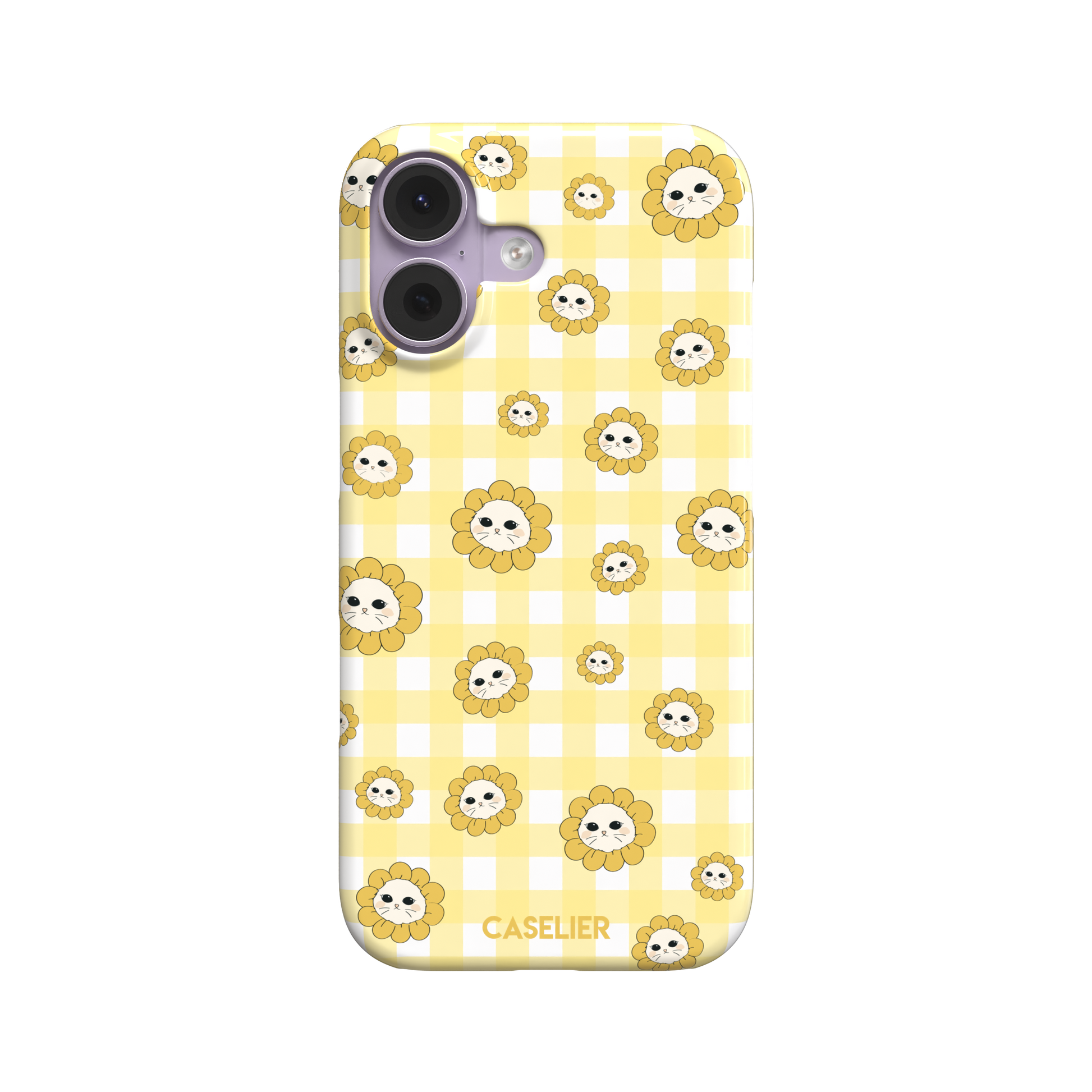 Daisies collection variant featuring cute cat-face flowers with golden petals scattered across a yellow and white gingham pattern, phone case by Caselier — snap case, front view | Caselier