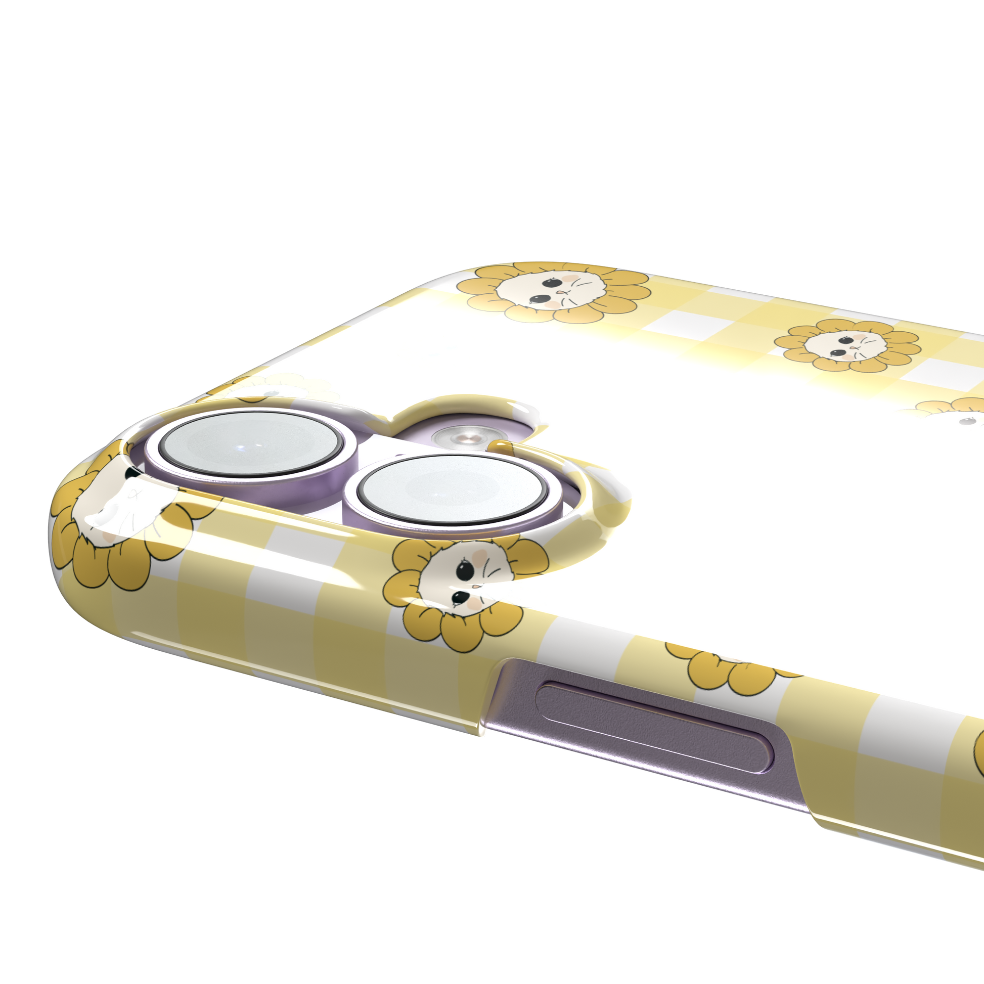 Daisies collection variant featuring cute cat-face flowers with golden petals scattered across a yellow and white gingham pattern, phone case by Caselier — snap case, volume buttons detail | Caselier