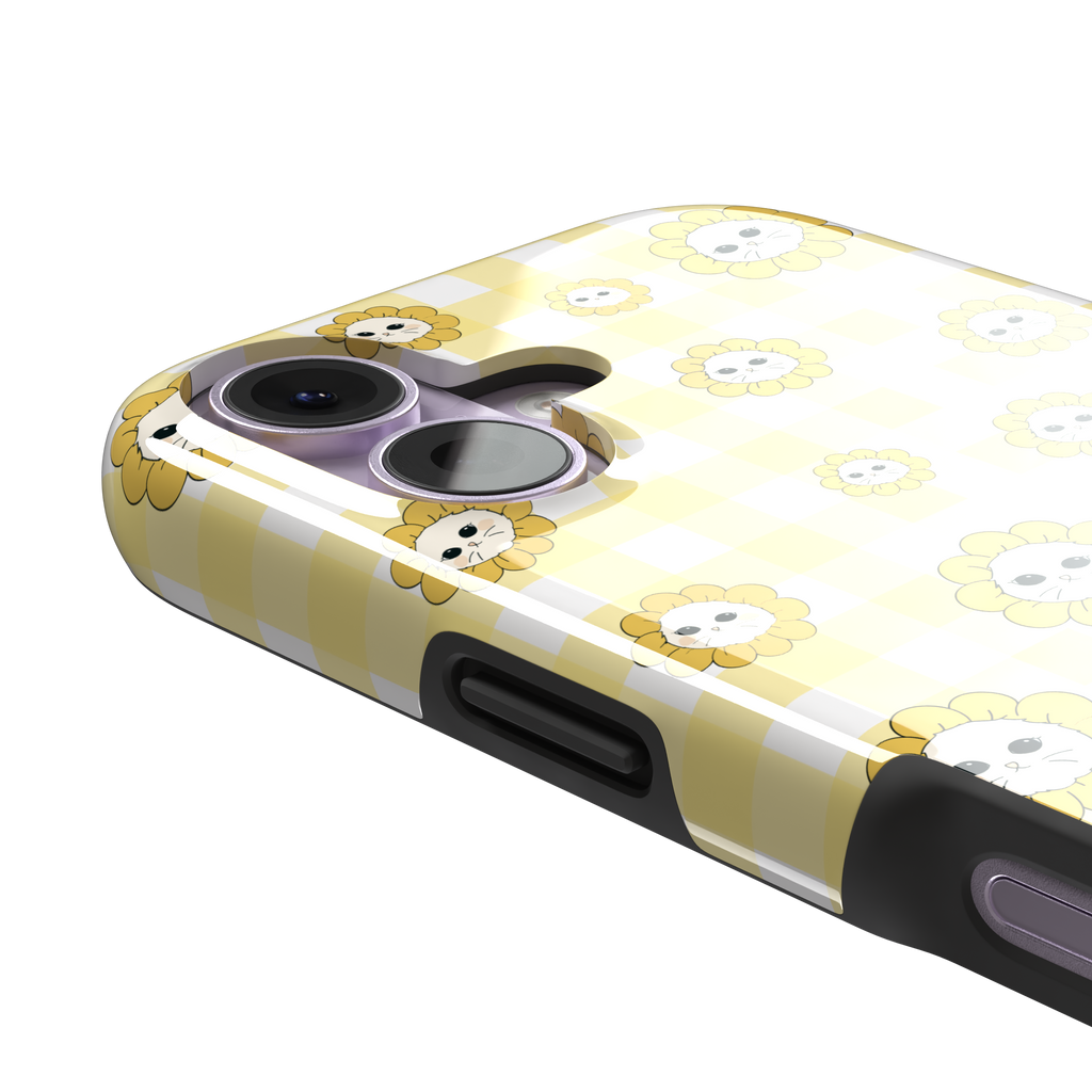 Daisies collection variant featuring cute cat-face flowers with golden petals scattered across a yellow and white gingham pattern, phone case by Caselier — tough case, volume buttons detail | Caselier
