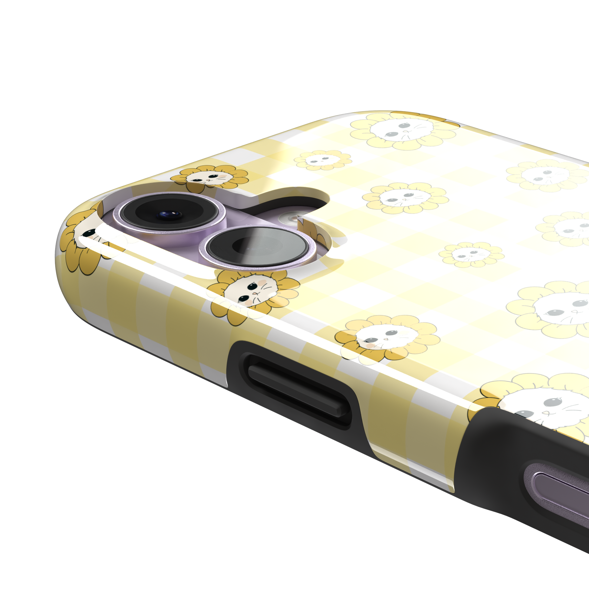 Daisies collection variant featuring cute cat-face flowers with golden petals scattered across a yellow and white gingham pattern, phone case by Caselier — tough case, volume buttons detail | Caselier