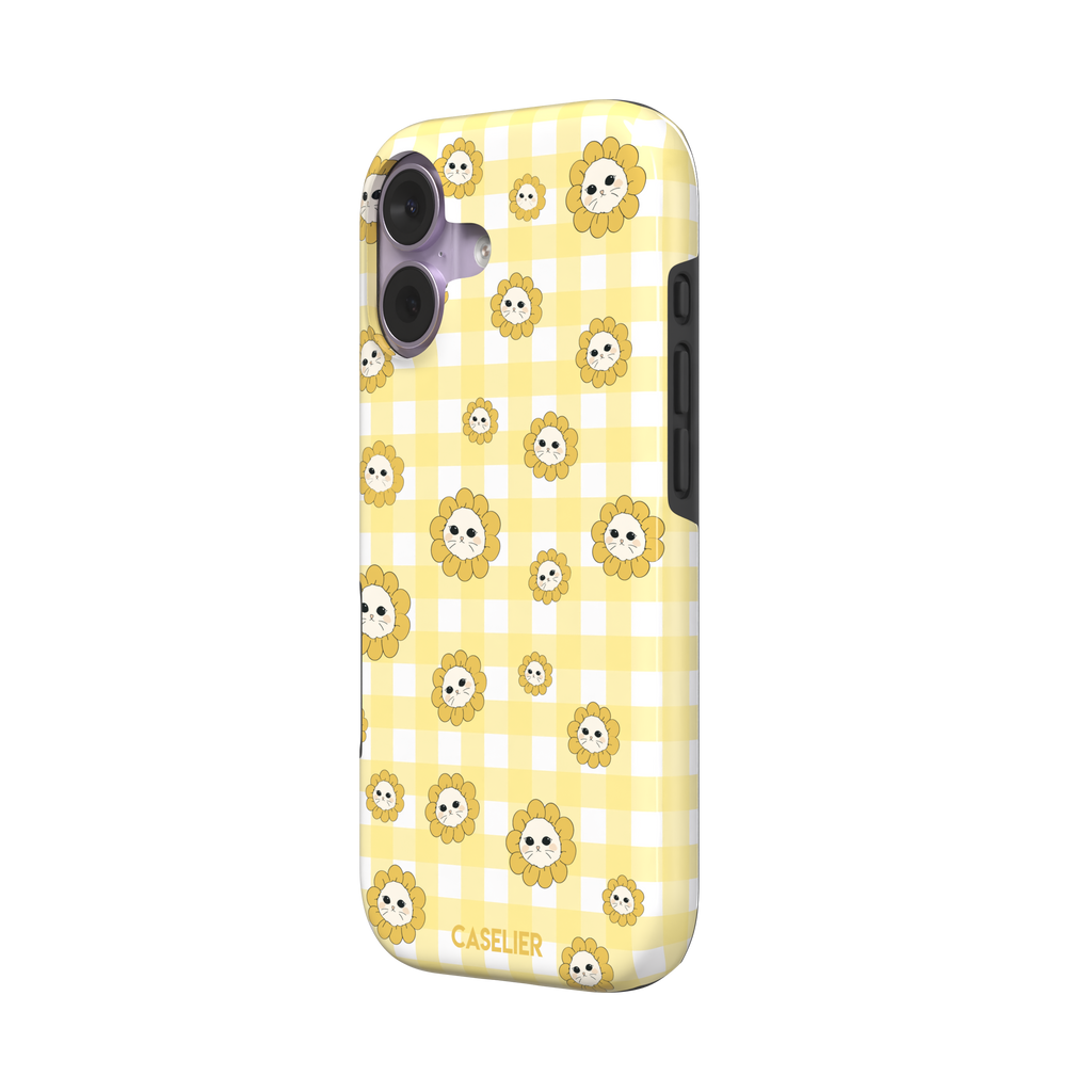 Daisies collection variant featuring cute cat-face flowers with golden petals scattered across a yellow and white gingham pattern, phone case by Caselier — tough case, right view | Caselier