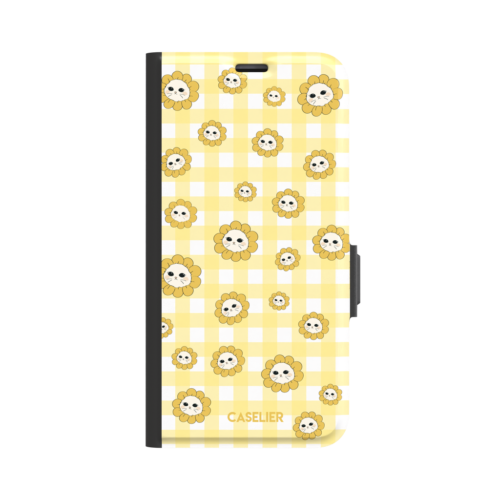 Daisies collection variant featuring cute cat-face flowers with golden petals scattered across a yellow and white gingham pattern, phone case by Caselier — wallet case, front view | Caselier