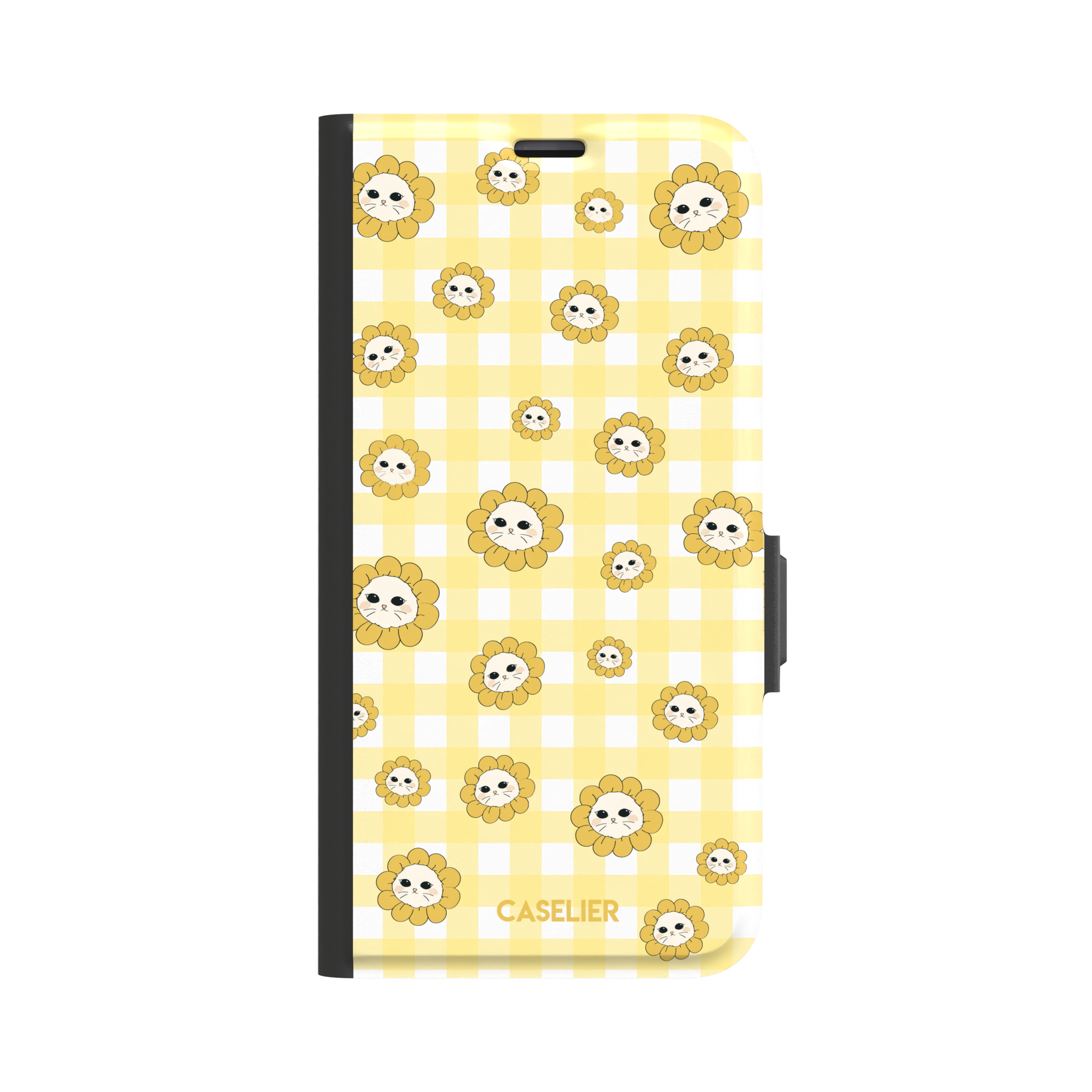 Daisies collection variant featuring cute cat-face flowers with golden petals scattered across a yellow and white gingham pattern, phone case by Caselier — wallet case, front view | Caselier