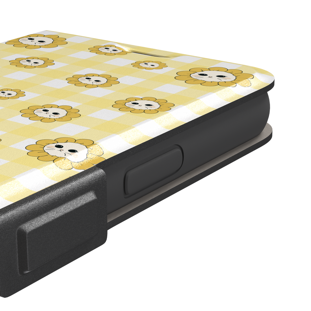 Daisies collection variant featuring cute cat-face flowers with golden petals scattered across a yellow and white gingham pattern, phone case by Caselier — wallet case, volume buttons detail | Caselier