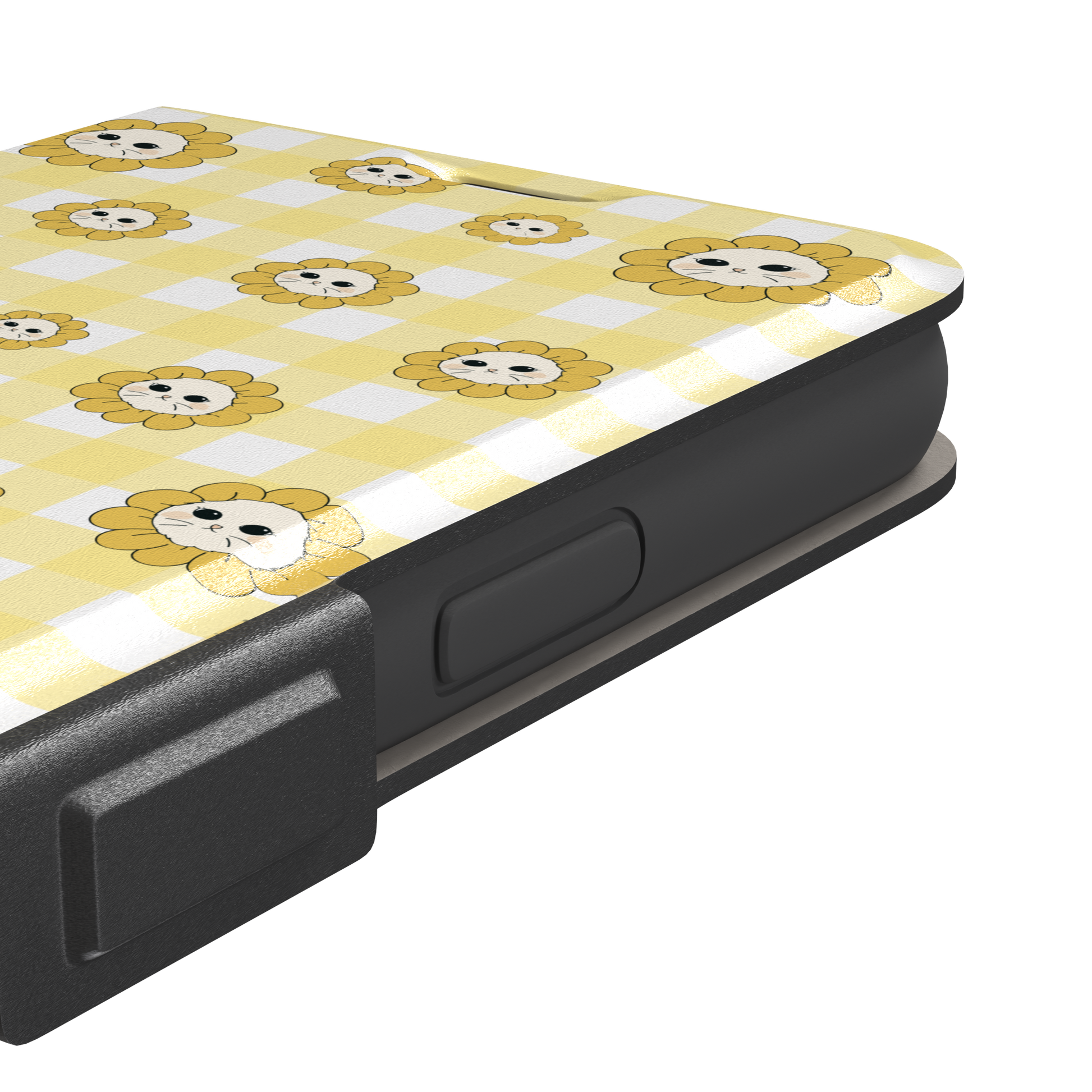 Daisies collection variant featuring cute cat-face flowers with golden petals scattered across a yellow and white gingham pattern, phone case by Caselier — wallet case, volume buttons detail | Caselier
