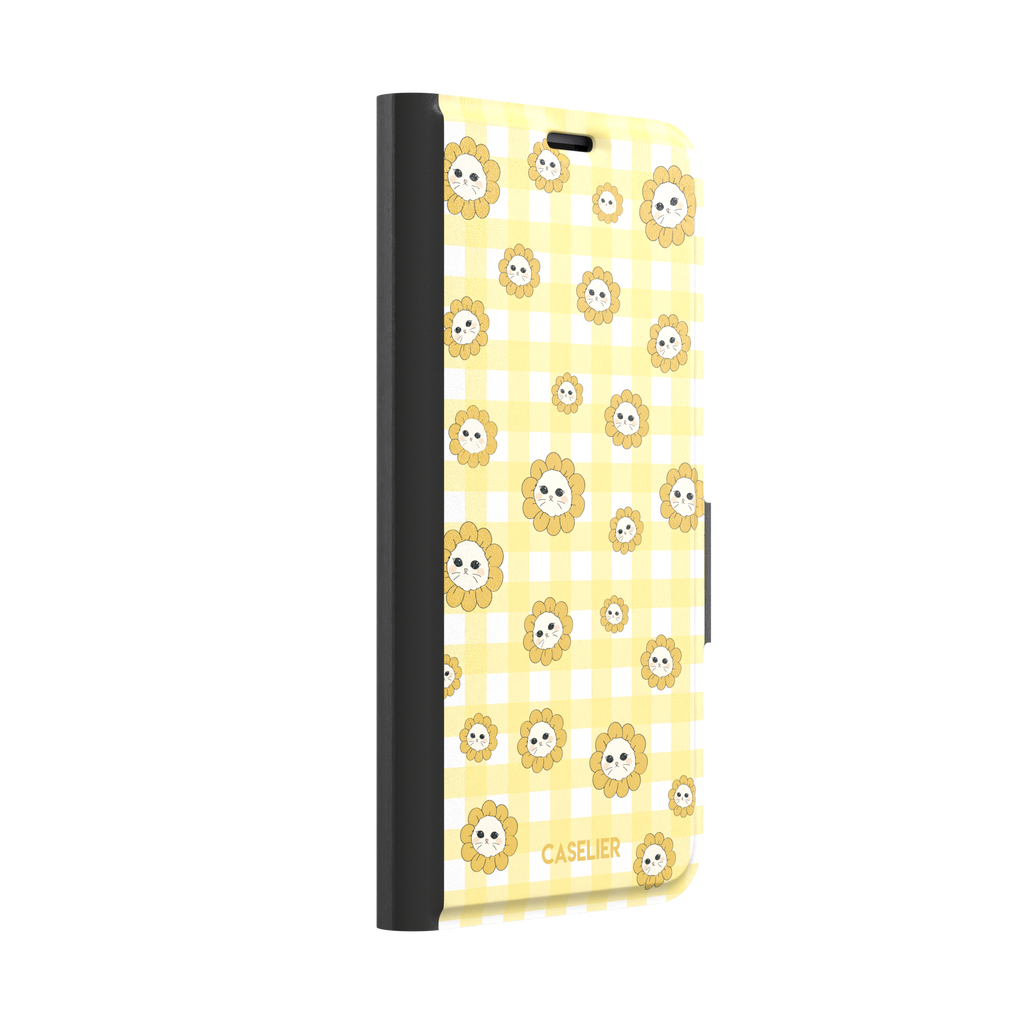 Daisies collection variant featuring cute cat-face flowers with golden petals scattered across a yellow and white gingham pattern, phone case by Caselier — wallet case, left view | Caselier