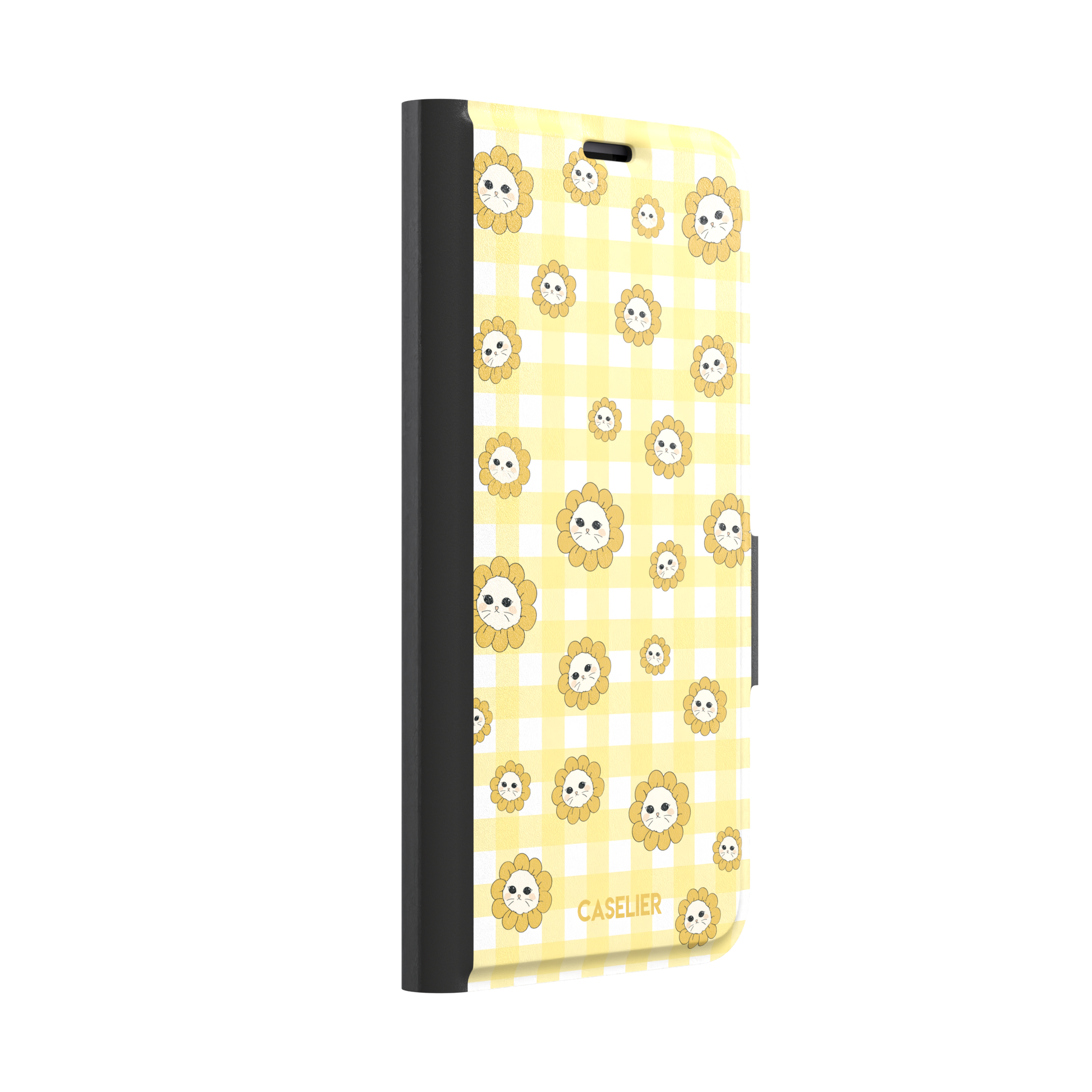 Daisies collection variant featuring cute cat-face flowers with golden petals scattered across a yellow and white gingham pattern, phone case by Caselier — wallet case, left view | Caselier