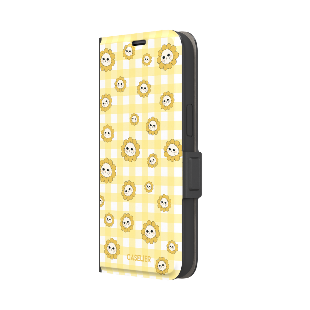 Daisies collection variant featuring cute cat-face flowers with golden petals scattered across a yellow and white gingham pattern, phone case by Caselier — wallet case, right view | Caselier
