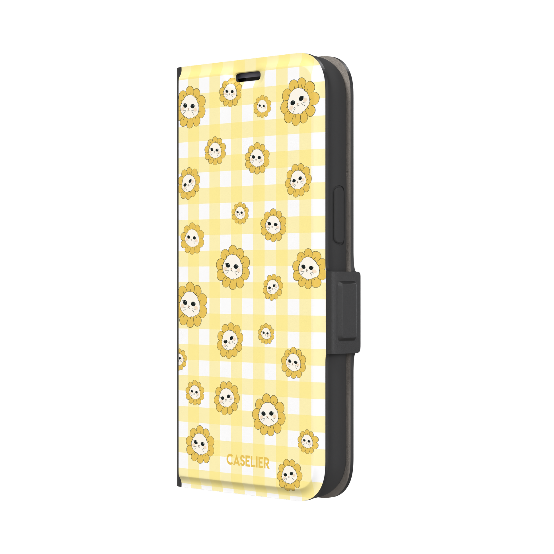 Daisies collection variant featuring cute cat-face flowers with golden petals scattered across a yellow and white gingham pattern, phone case by Caselier — wallet case, right view | Caselier