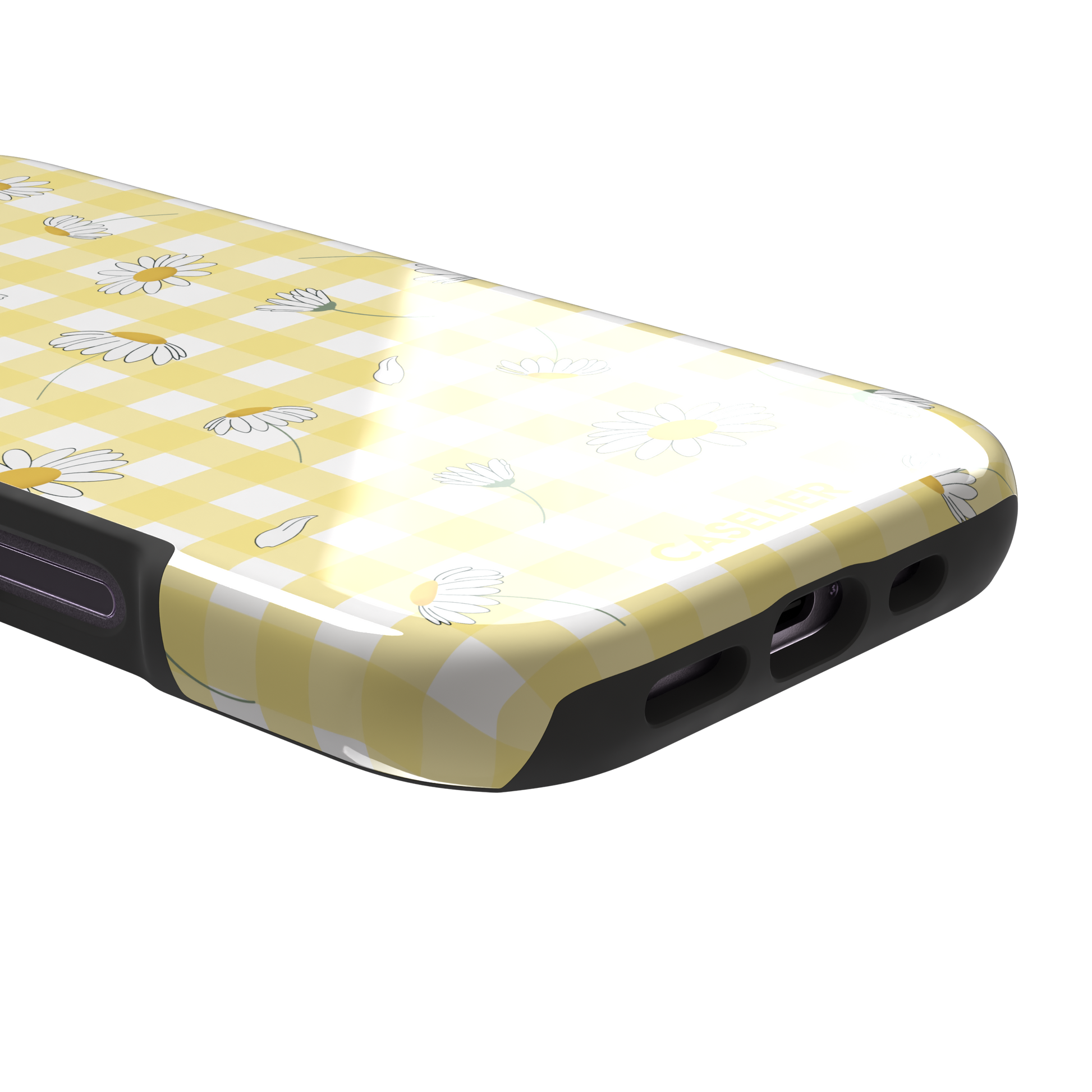 Daisies phone case with soft yellow gingham pattern and scattered white daisy illustrations with golden centres, primary product shot, phone case by Caselier — tough case, charging port detail | Caselier