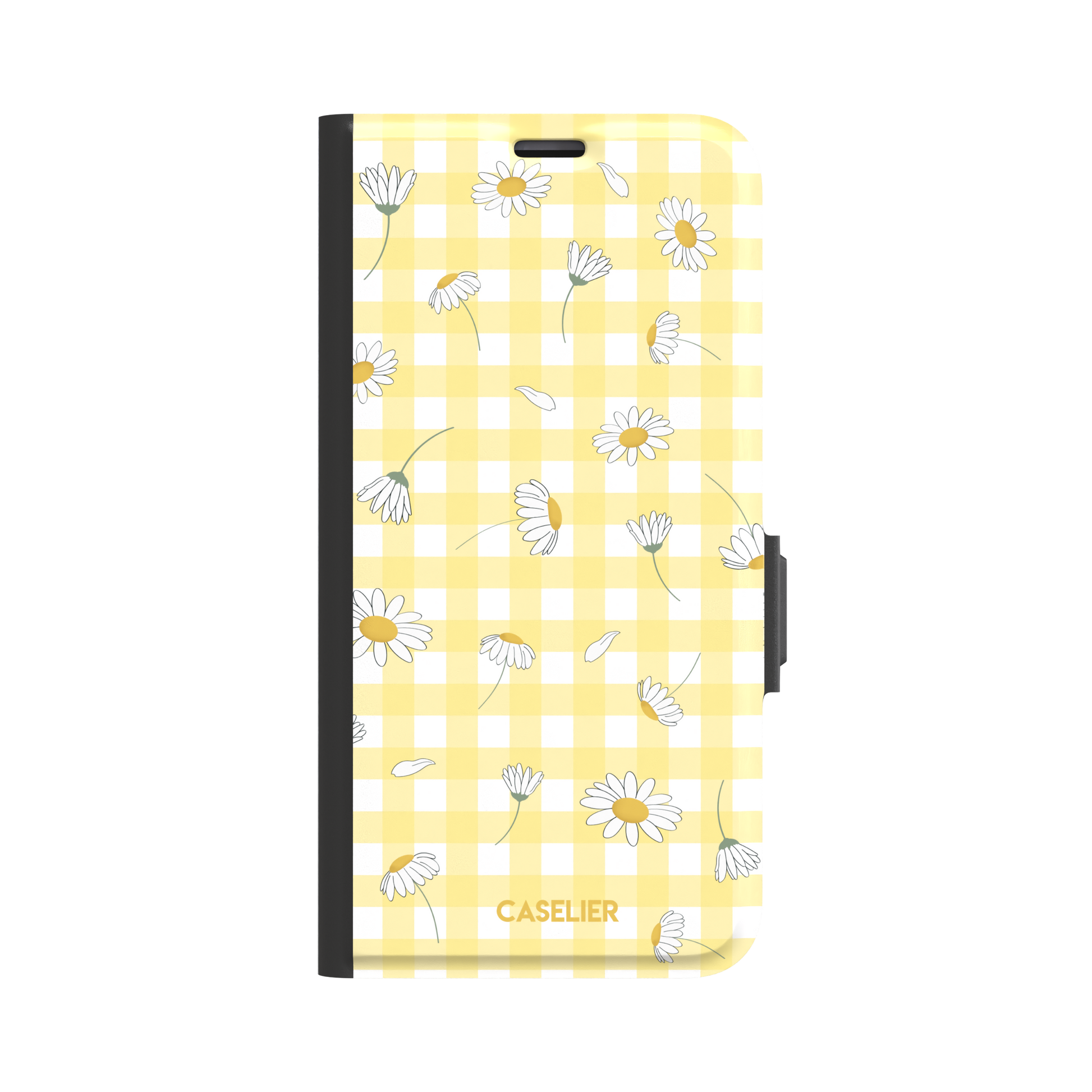 Daisies phone case with soft yellow gingham pattern and scattered white daisy illustrations with golden centres, primary product shot, phone case by Caselier — wallet case, front view | Caselier