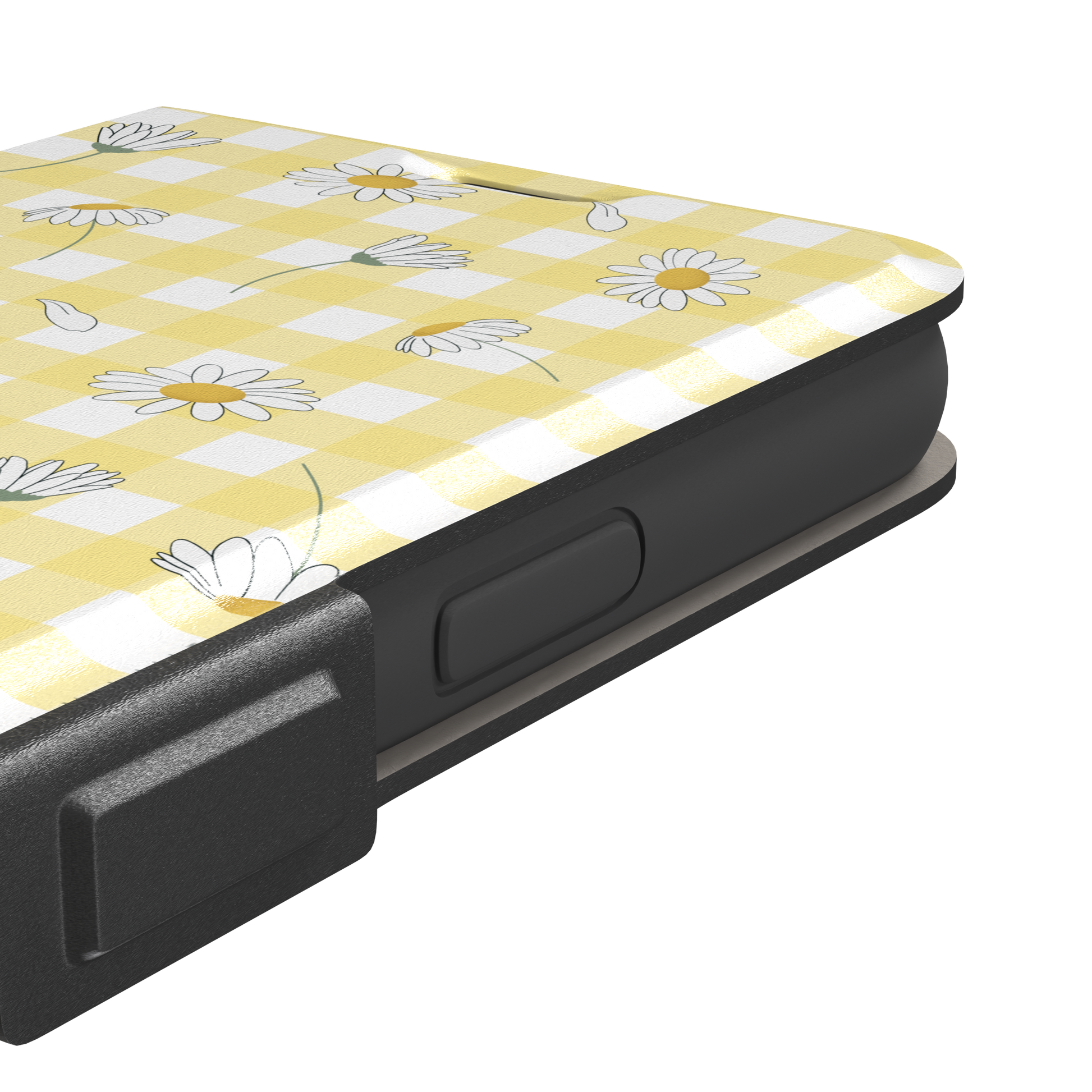 Daisies phone case with soft yellow gingham pattern and scattered white daisy illustrations with golden centres, primary product shot, phone case by Caselier — wallet case, volume buttons detail | Caselier