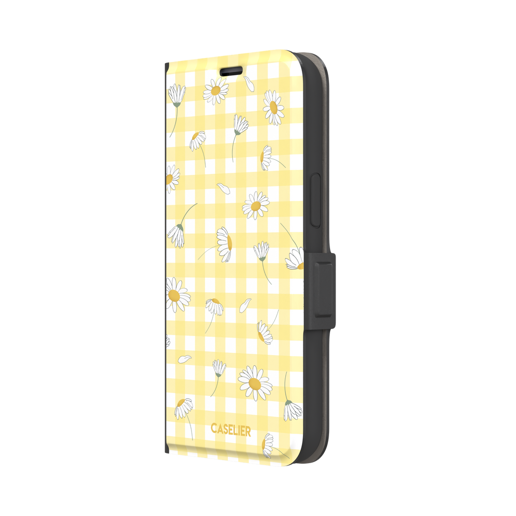 Daisies phone case with soft yellow gingham pattern and scattered white daisy illustrations with golden centres, primary product shot, phone case by Caselier — wallet case, right view | Caselier
