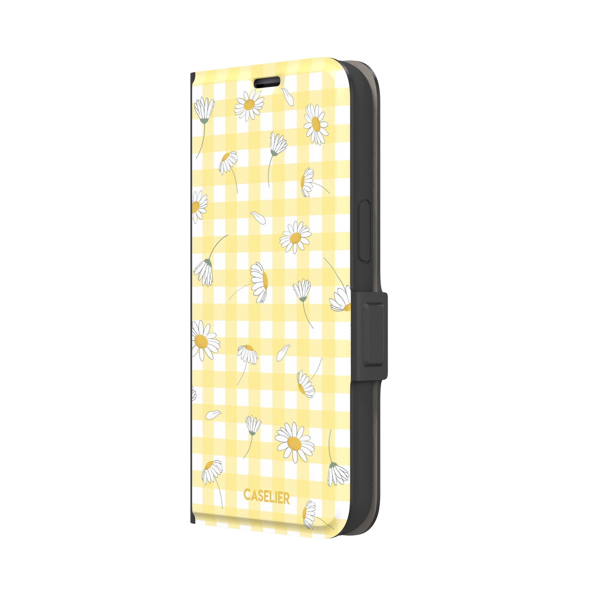 Daisies phone case with soft yellow gingham pattern and scattered white daisy illustrations with golden centres, primary product shot, phone case by Caselier — wallet case, right view | Caselier