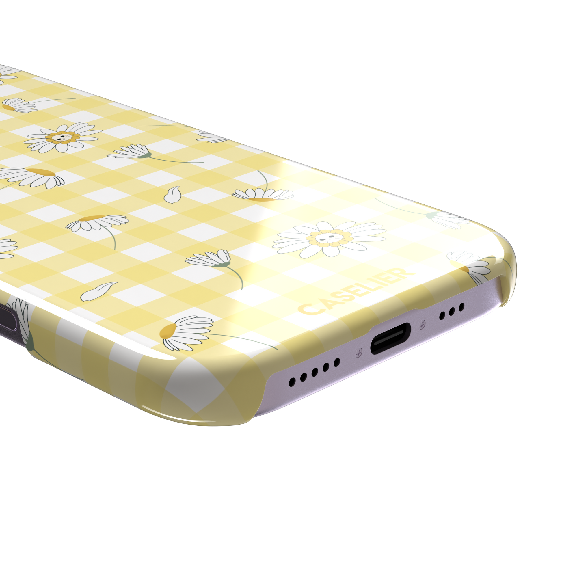 Daisies phone case variant showing white daisy flowers with small smiley faces at their centres on a yellow gingham background, phone case by Caselier — snap case, charging port detail | Caselier