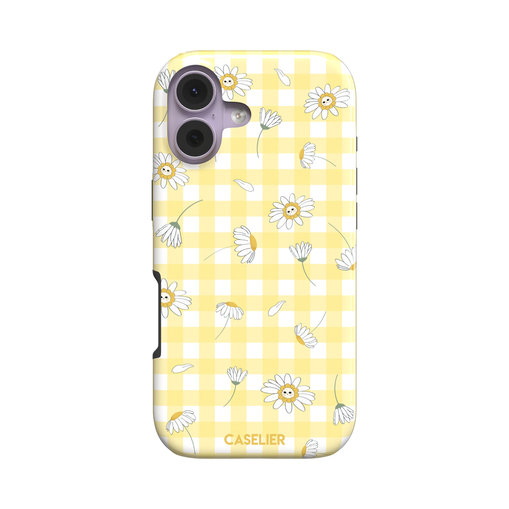 Daisies phone case variant showing white daisy flowers with small smiley faces at their centres on a yellow gingham background, phone case by Caselier — tough case, front view | Caselier
