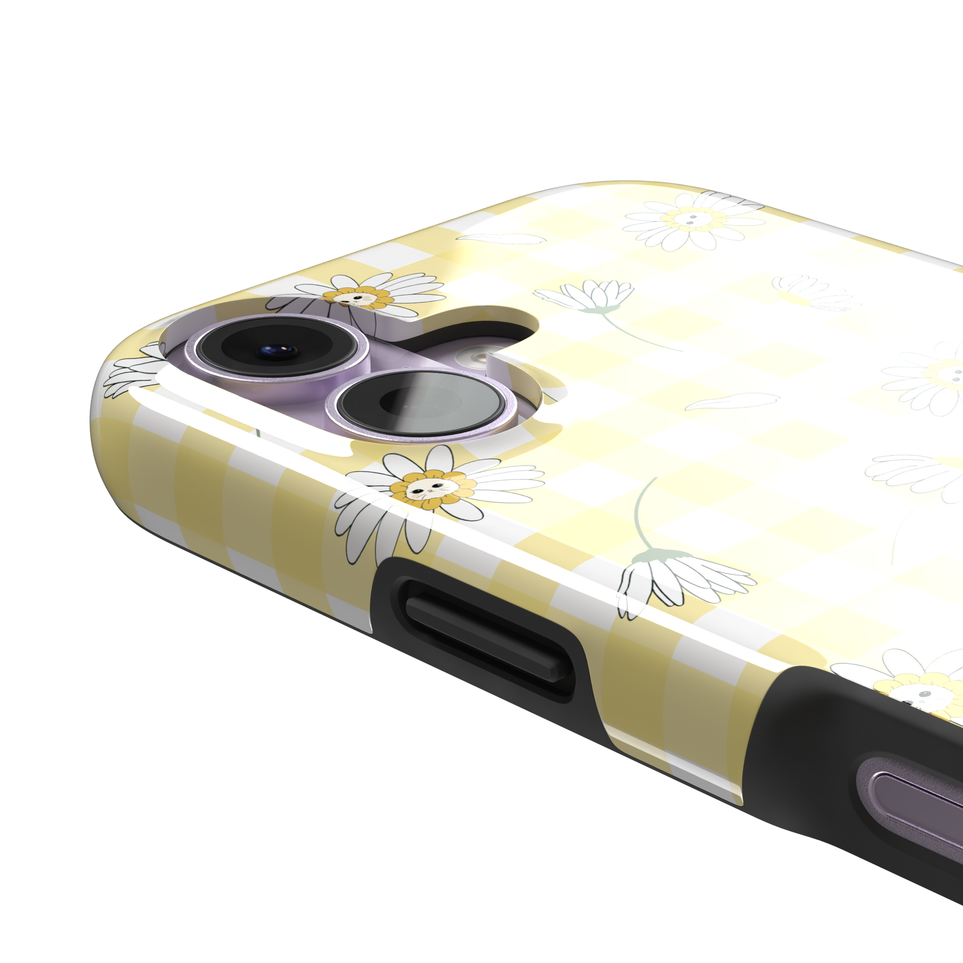 Daisies phone case variant showing white daisy flowers with small smiley faces at their centres on a yellow gingham background, phone case by Caselier — tough case, volume buttons detail | Caselier